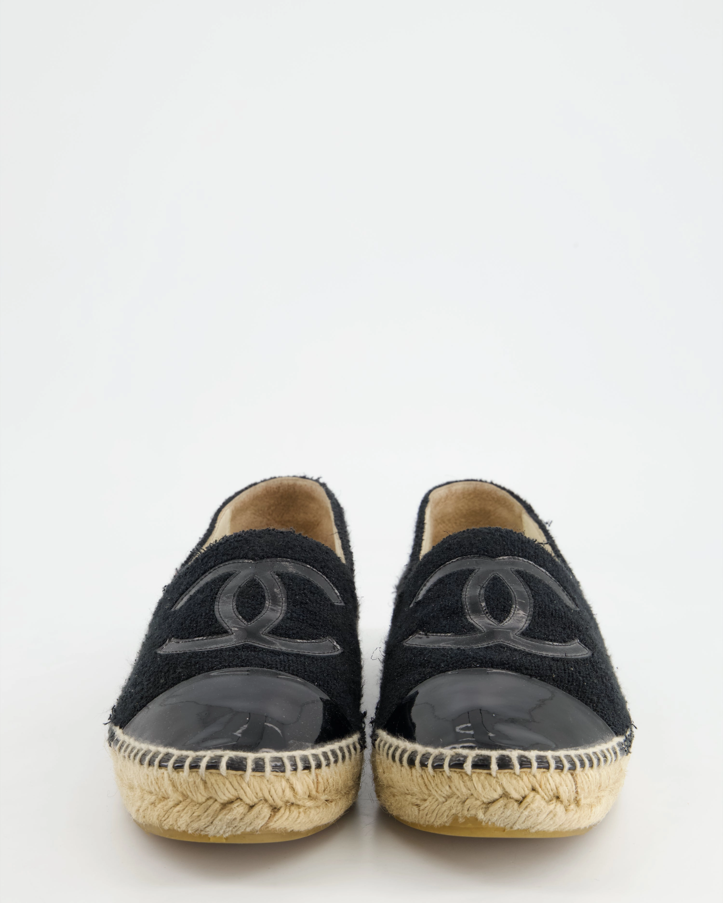 Quilted Faux Leather Vamp Espadrille Sandals *FIRE PRICE* Chanel Black Terry CC Logo Espadrilles with Patent Leather Detail Size EU 42