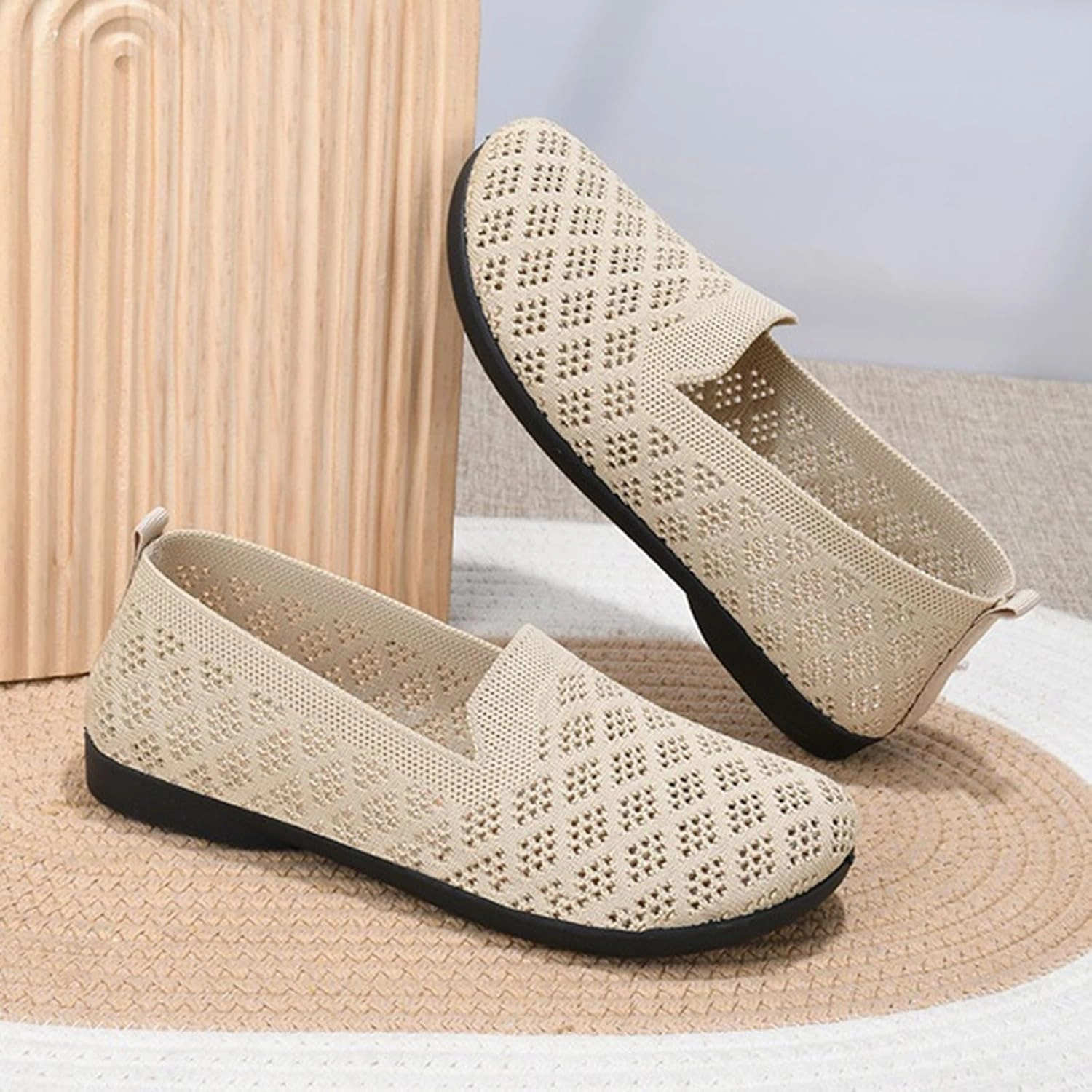 Women's Mesh Flat Knit Slip on Walking Shoes Comfortable Non Slip Running Shoes Wide Width Mesh Breathable Casual Sneaker Sneakers Wide Width