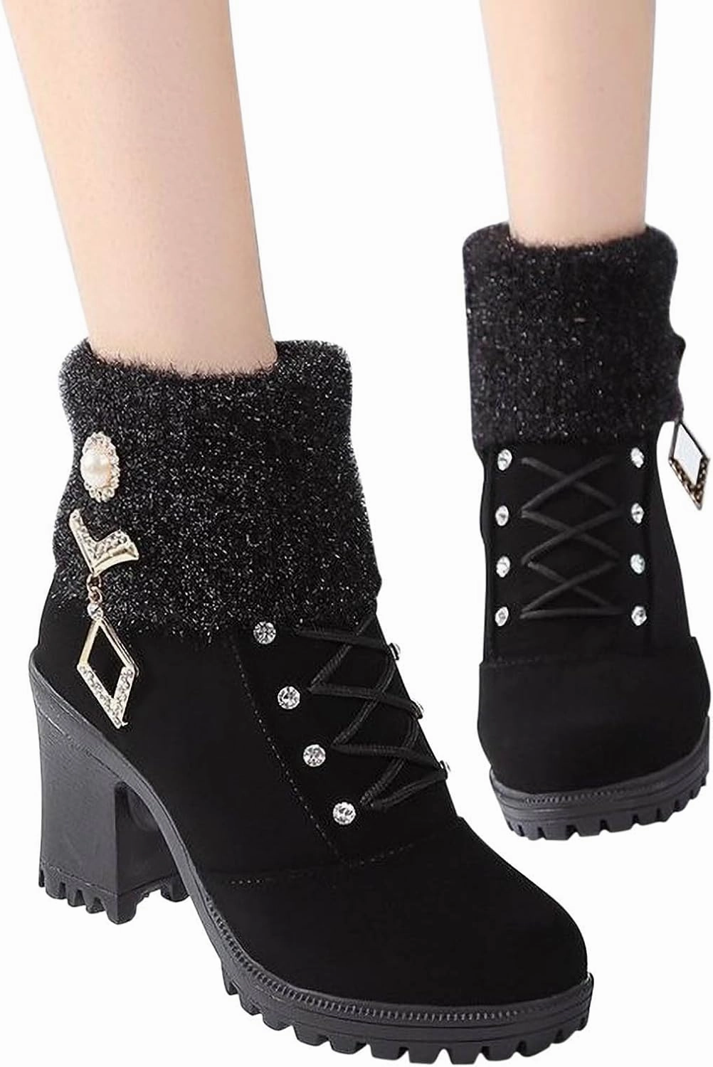 Double Boa Snowboard Boots Almond Toe Chelsea Boots for Women Knit Elastic Block Heel Dress Sock Bootie Dressy Lace Up Ankle Booties Fashion Chunky Mid Heel Boot Shoes