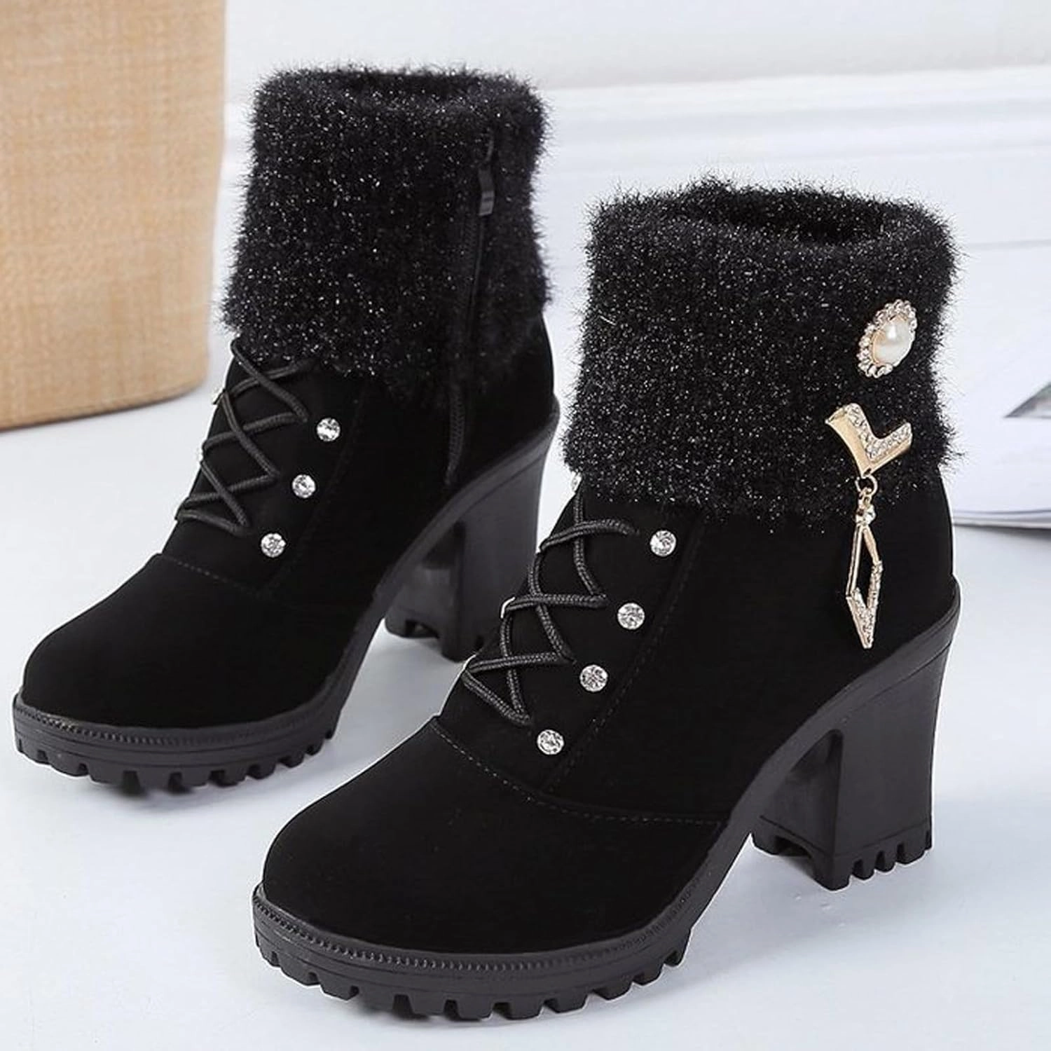 Horse Power Boots Almond Toe Chelsea Boots for Women Knit Elastic Block Heel Dress Sock Bootie Dressy Lace Up Ankle Booties Fashion Chunky Mid Heel Boot Shoes
