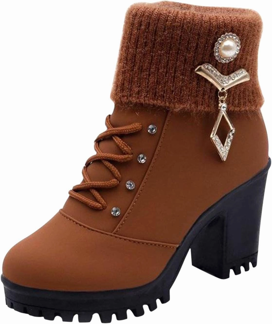 Almond Toe Chelsea Boots for Women Knit Elastic Block Heel Dress Sock Bootie Dressy Lace Up Ankle Booties Fashion Chunky Mid Heel Boot Shoes Waterproof Sneaker Boots