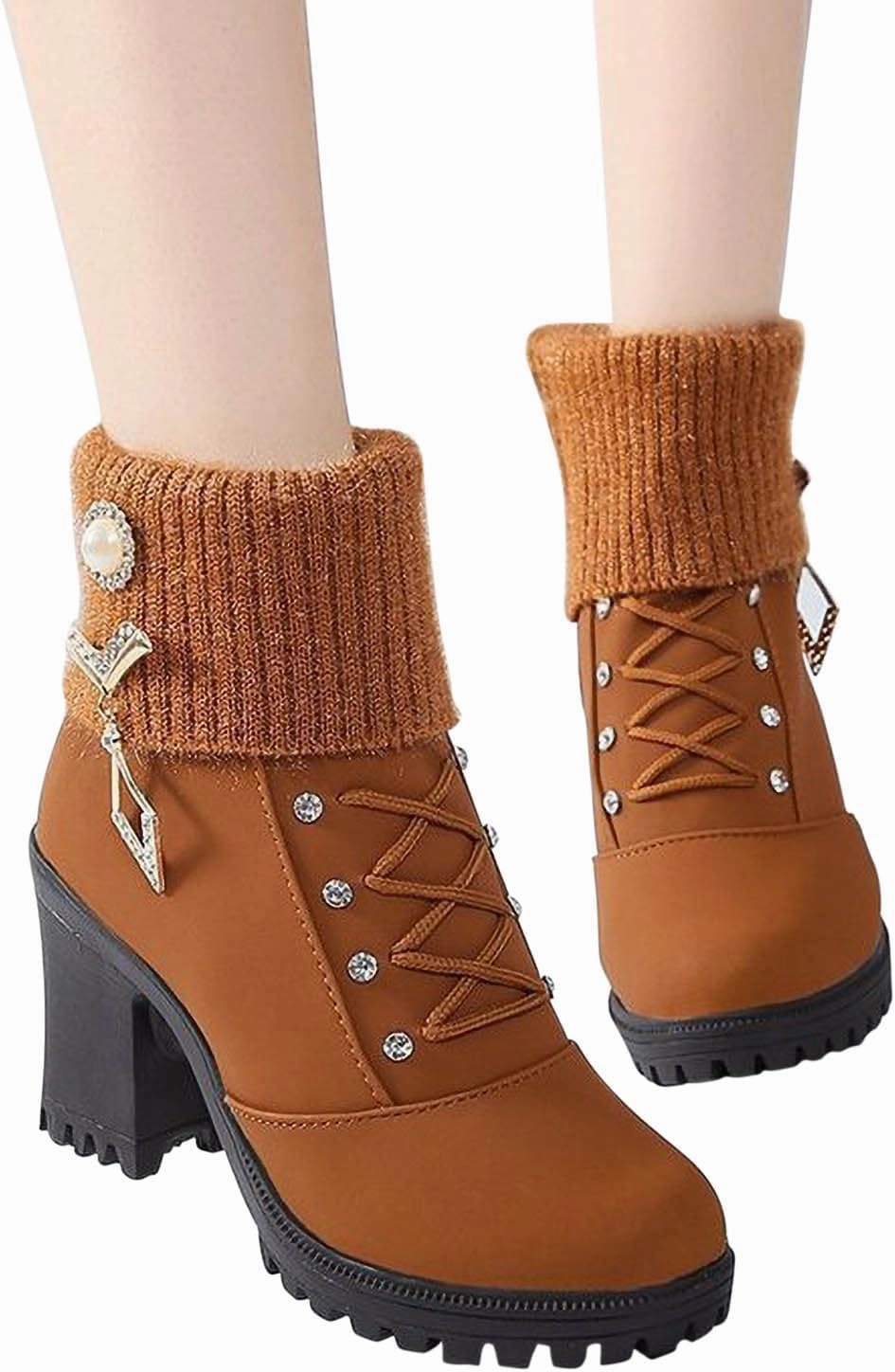 Almond Toe Chelsea Boots for Women Knit Elastic Block Heel Dress Sock Bootie Dressy Lace Up Ankle Booties Fashion Chunky Mid Heel Boot Shoes Boots To Wear With Skinny Jeans