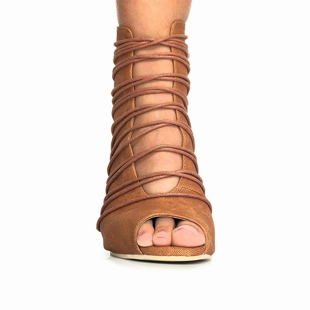 Karla - Denim Fabric Lace Up Latin Dance Booties (Street Sole) Thigh High Boots No Heel