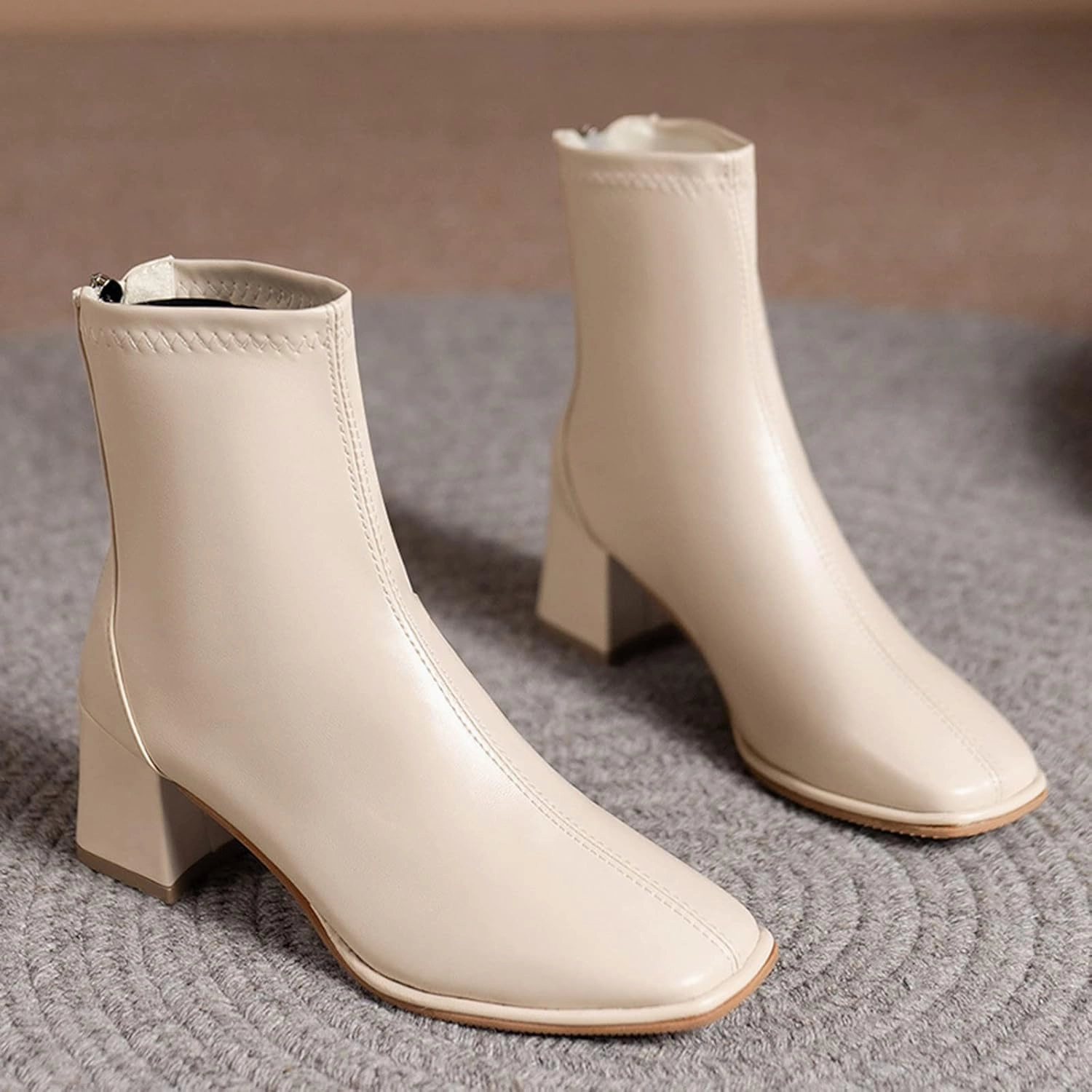 Ankle Boots for Women Block Heel Boots Women Artificial Leather Thick Sole Square Heel Pointed Toe Zipper Short Boots Leon Mexico Boots