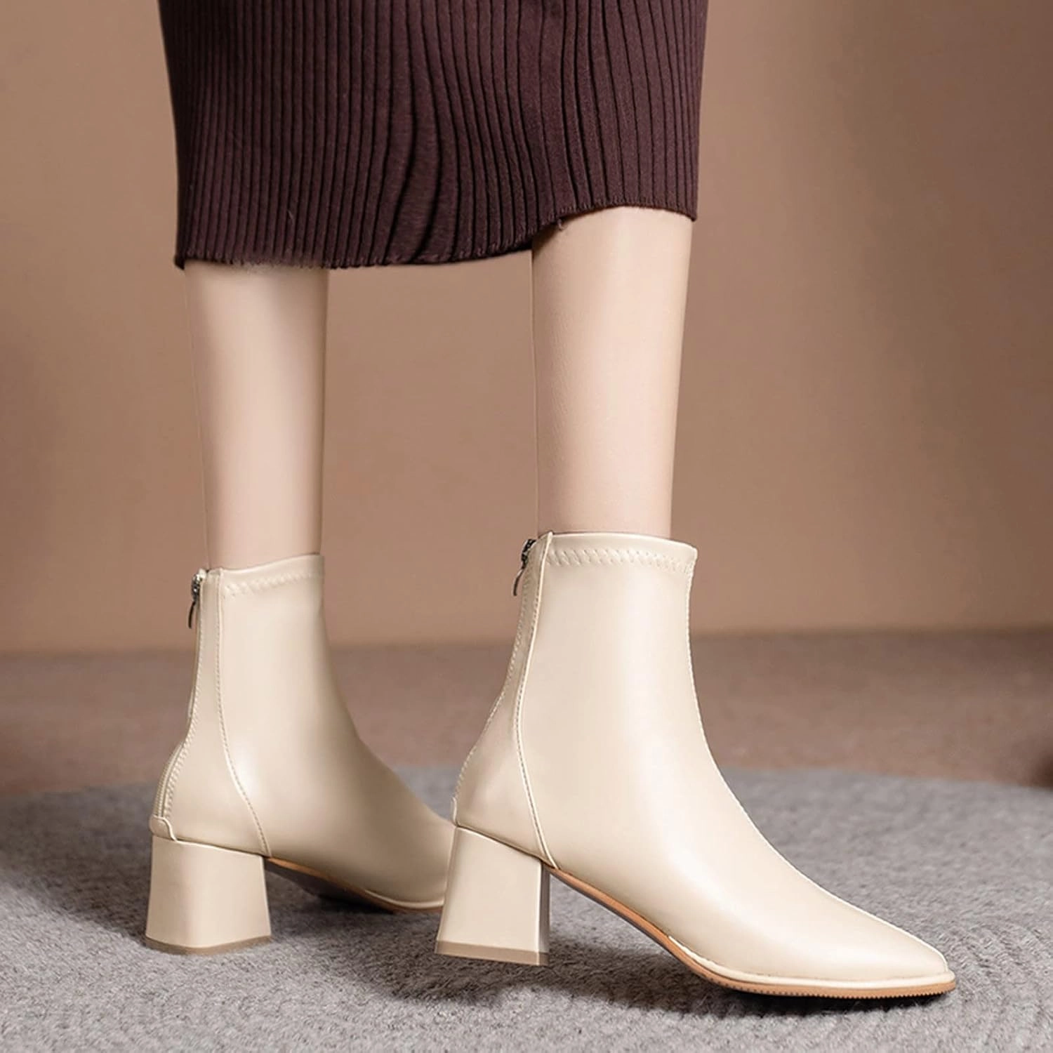 Boots Short Leather Ankle Boots for Women Block Heel Boots Women Artificial Leather Thick Sole Square Heel Pointed Toe Zipper Short Boots