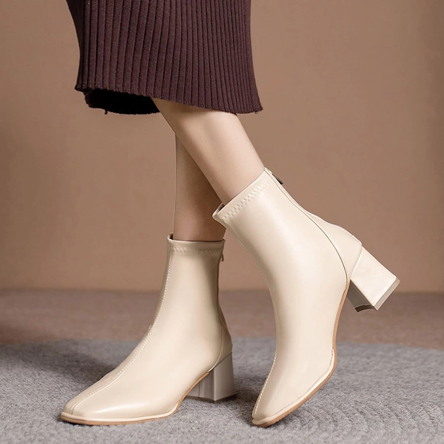 Linktree Strike Boots Ankle Boots for Women Block Heel Boots Women Artificial Leather Thick Sole Square Heel Pointed Toe Zipper Short Boots