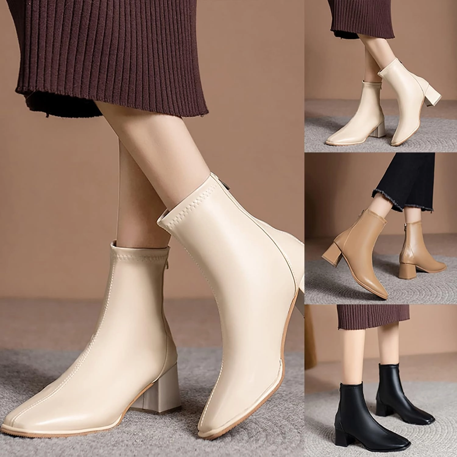 Ankle Boots for Women Block Heel Boots Women Artificial Leather Thick Sole Square Heel Pointed Toe Zipper Short Boots Hiking Boots For Sale