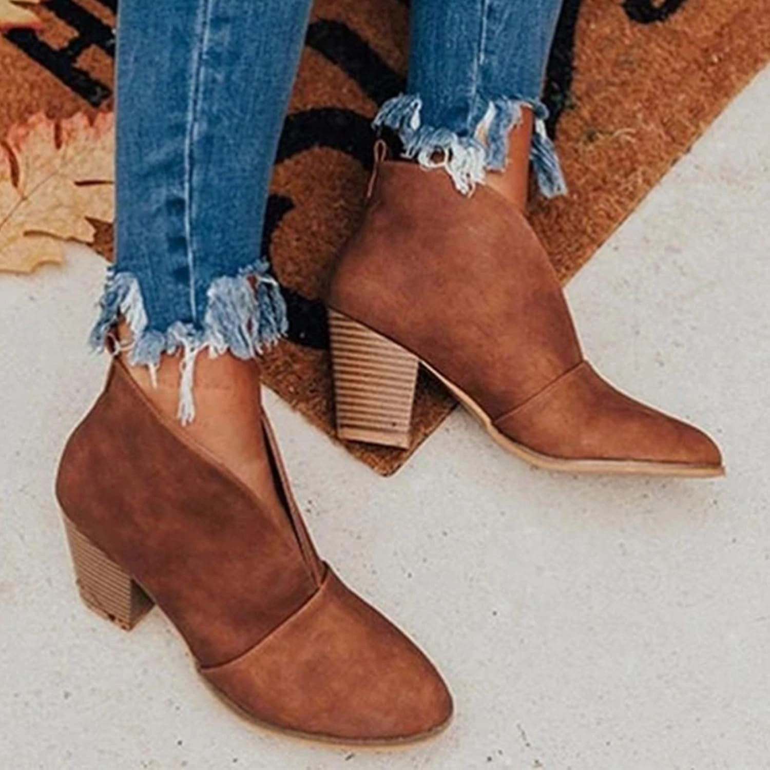 Ankle Boots for Women Chunky Heel Boots for Women V Cut Stacked Heel Women Leather Fashion Chunky Heel Ankle Boots Cougar Boots
