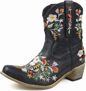 Boots With Zip Front Ankle Boots for Women Cowgirl Booties for Women Western Pointed Toe Flower Embroidery Chunky Heel Slip on Women Boots