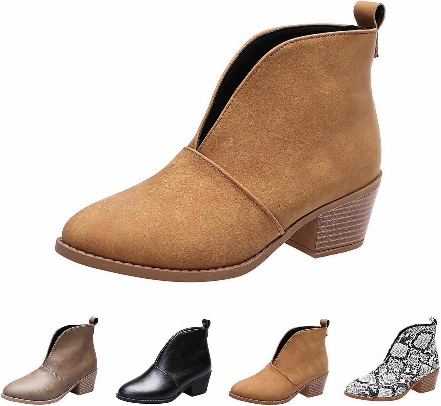 Exotic Cowgirl Boots Ankle Boots for Women Fall Boots Casual Women's Boots Slip on V Cutout Pointed Toe Chunky Stacked Mid Heel Booties