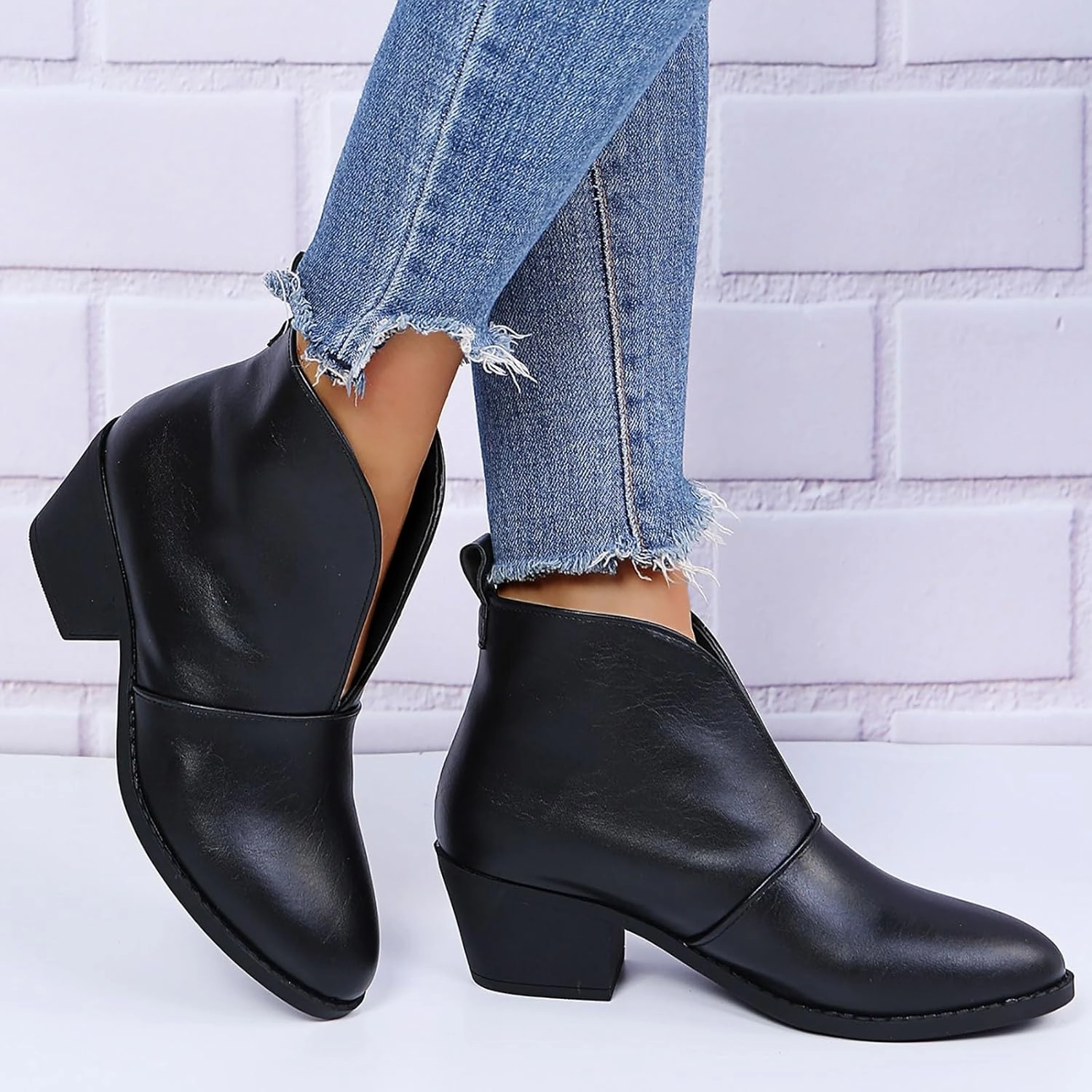 Knee High Lug Sole Boots Ankle Boots for Women Fall Boots Casual Women's Boots Slip on V Cutout Pointed Toe Chunky Stacked Mid Heel Booties