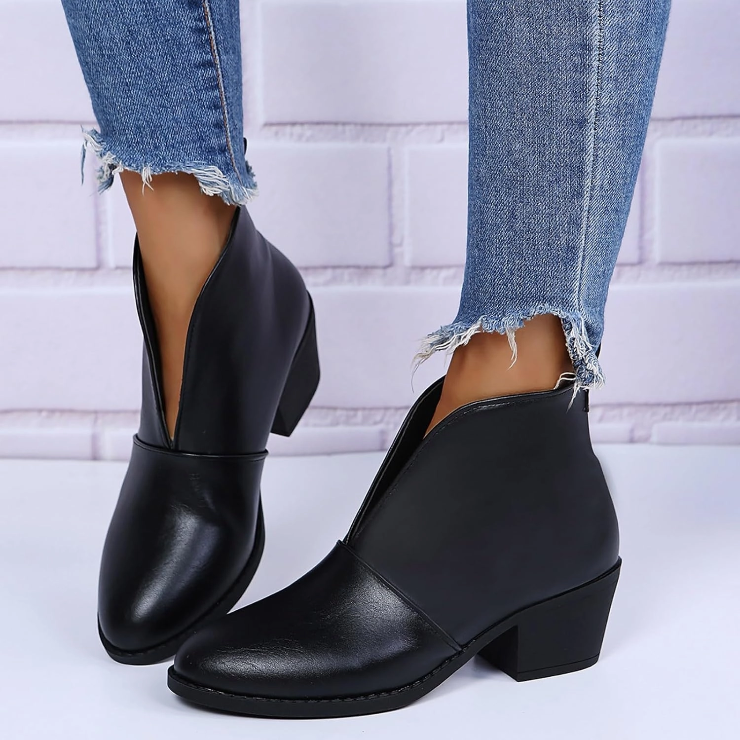 Ankle Boots for Women Fall Boots Casual Women's Boots Slip on V Cutout Pointed Toe Chunky Stacked Mid Heel Booties Predator Soccer Boots