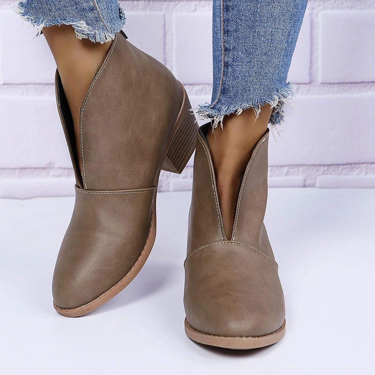 Cabela Hunting Boots Ankle Boots for Women Fall Boots Casual Women's Boots Slip on V Cutout Pointed Toe Chunky Stacked Mid Heel Booties