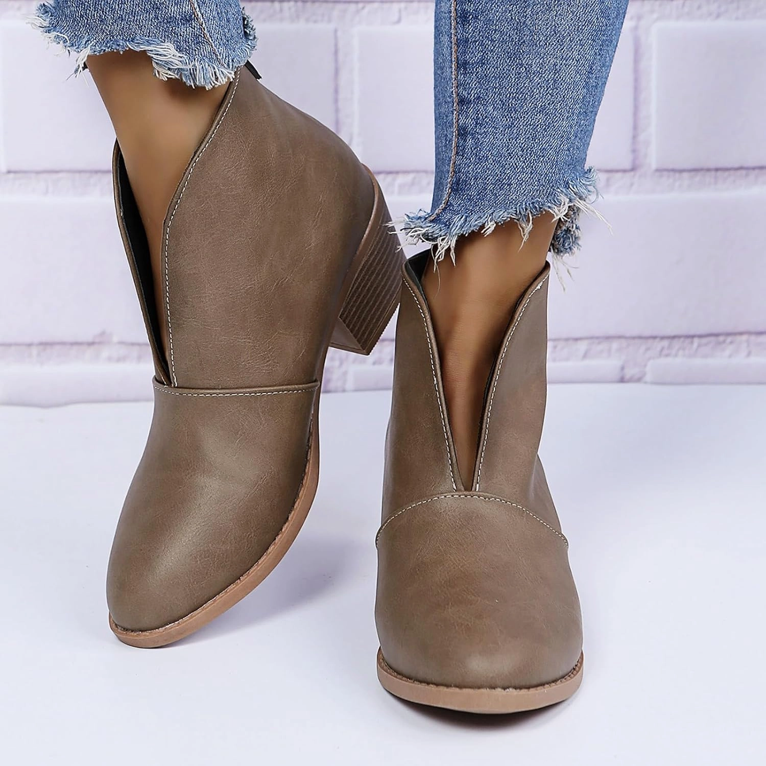 Ankle Boots for Women Fall Boots Casual Women's Boots Slip on V Cutout Pointed Toe Chunky Stacked Mid Heel Booties Lacy Boots