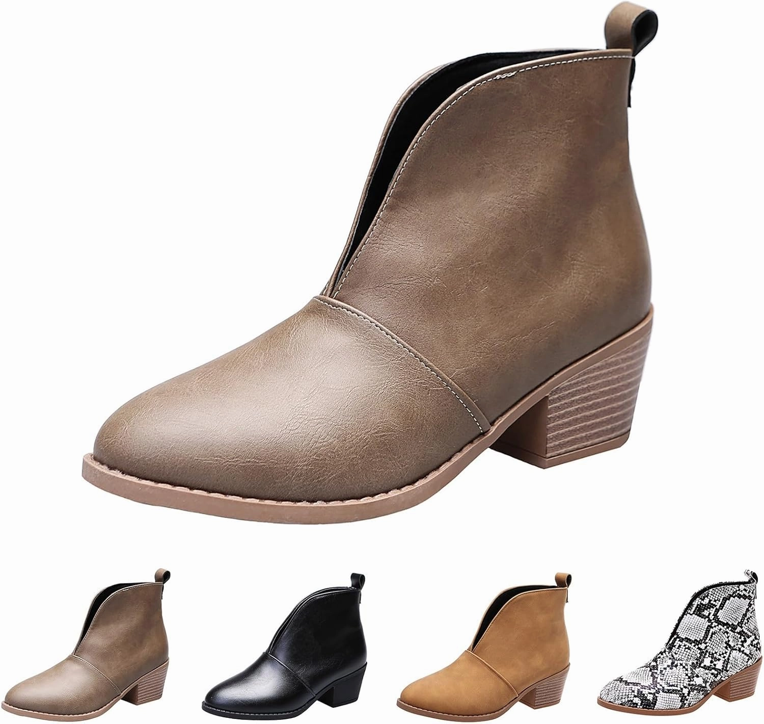 Jim Green Boots Ankle Boots for Women Fall Boots Casual Women's Boots Slip on V Cutout Pointed Toe Chunky Stacked Mid Heel Booties