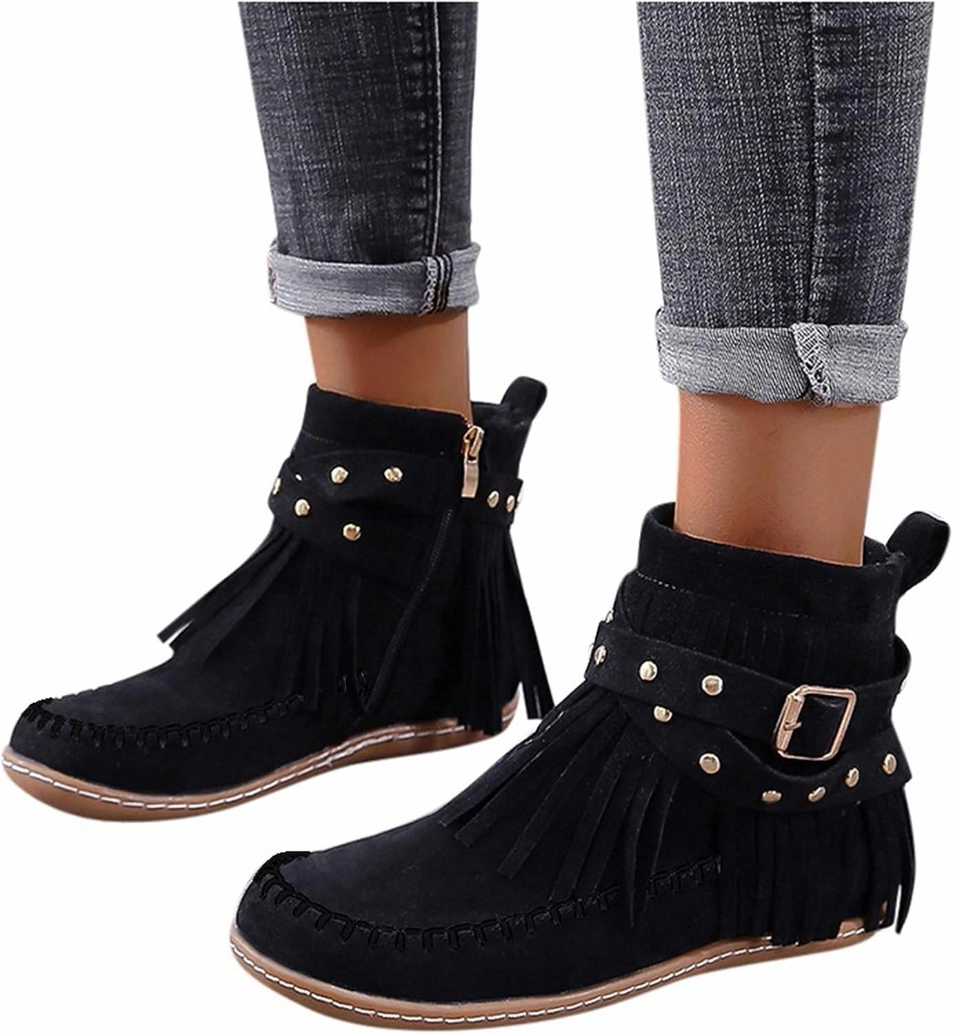 Vionic Ankle Boots Ankle Boots for Women Low Heel Boots for Women Casual Retro Western Round Toe Short Shoes Tassel Flat Women's Boots