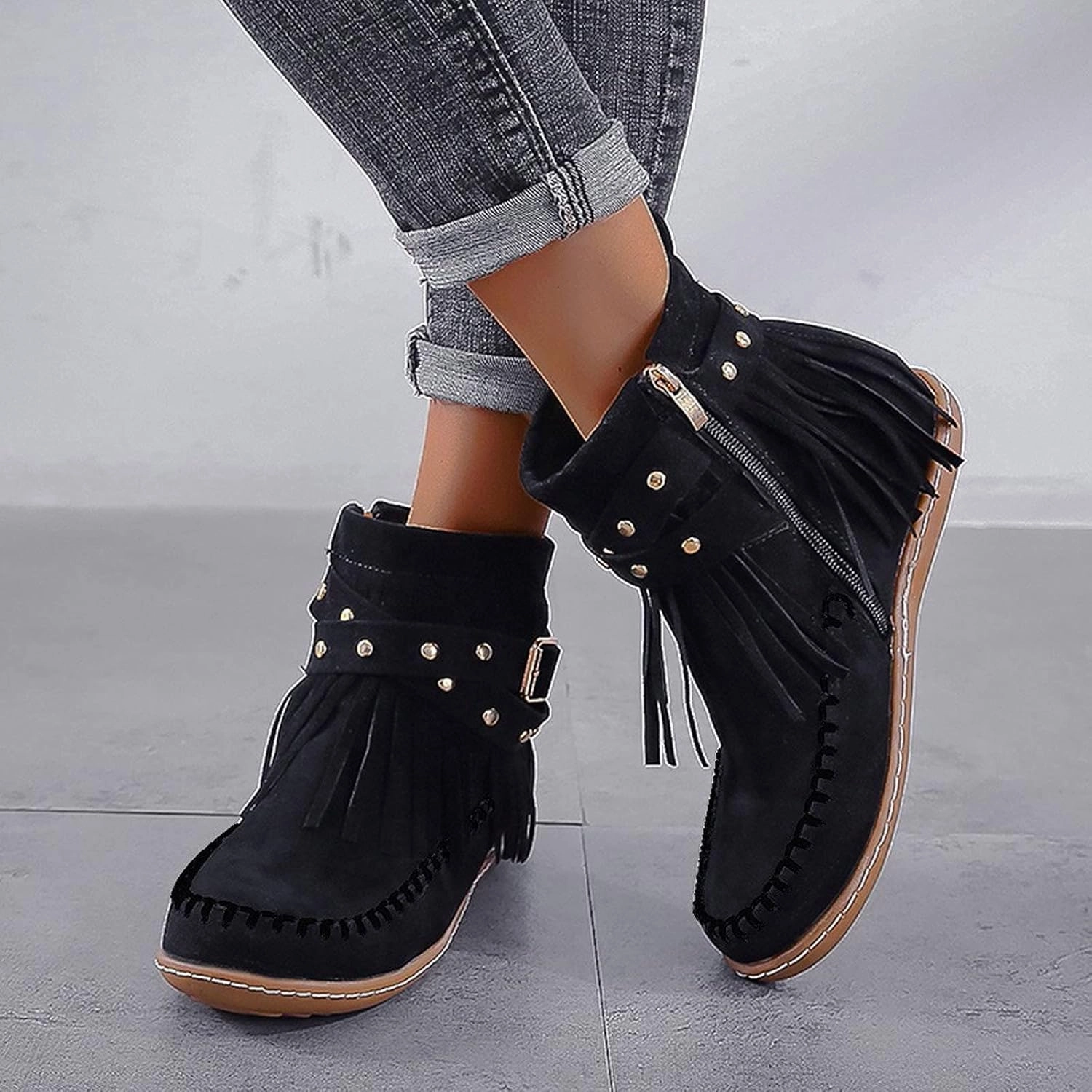 Nashville Western Boots Ankle Boots for Women Low Heel Boots for Women Casual Retro Western Round Toe Short Shoes Tassel Flat Women's Boots
