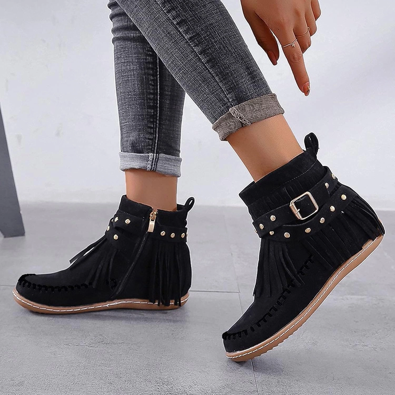 Puss In Boots The Three Diablos Ankle Boots for Women Low Heel Boots for Women Casual Retro Western Round Toe Short Shoes Tassel Flat Women's Boots