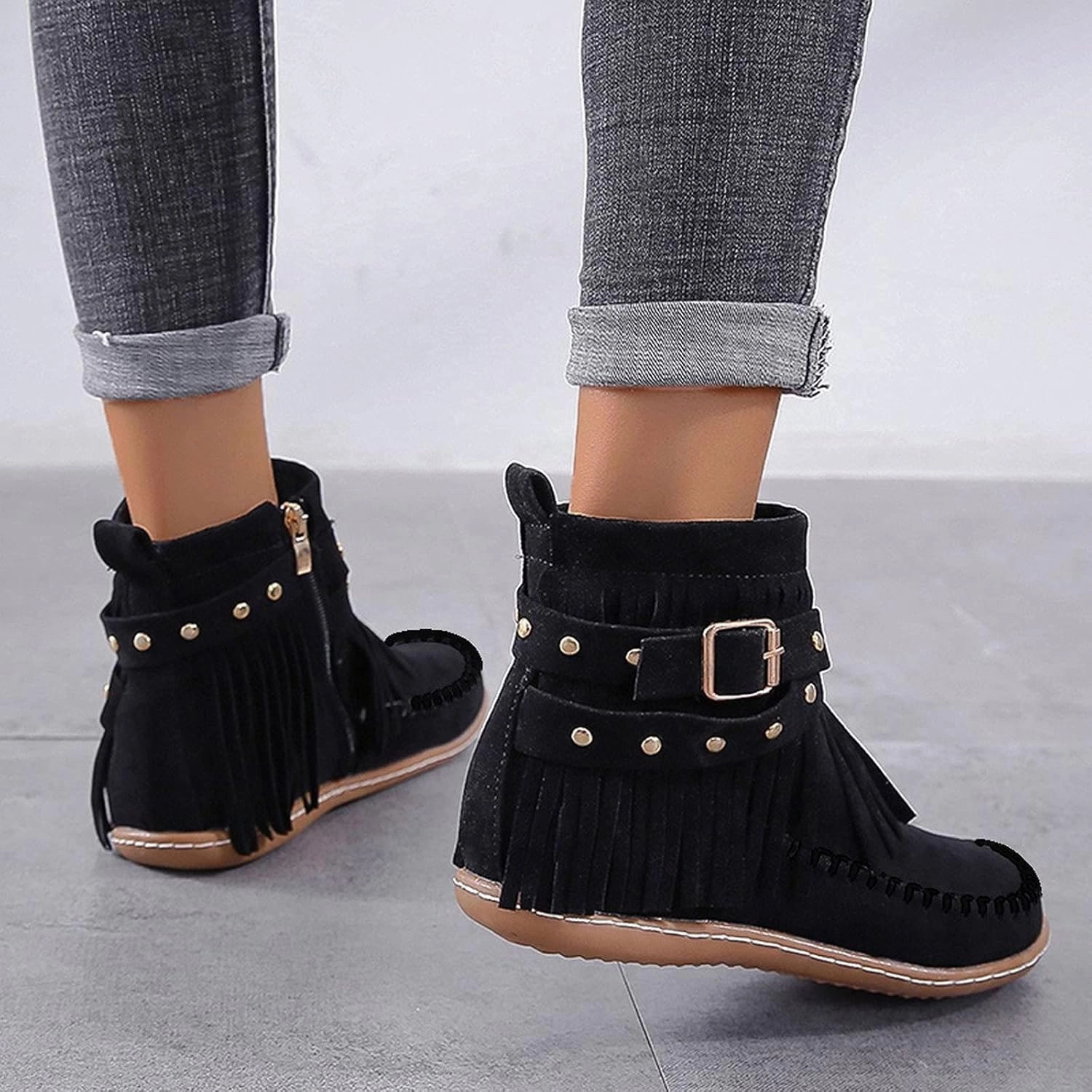 Ankle Boots for Women Low Heel Boots for Women Casual Retro Western Round Toe Short Shoes Tassel Flat Women's Boots Snake Cowboy Boots