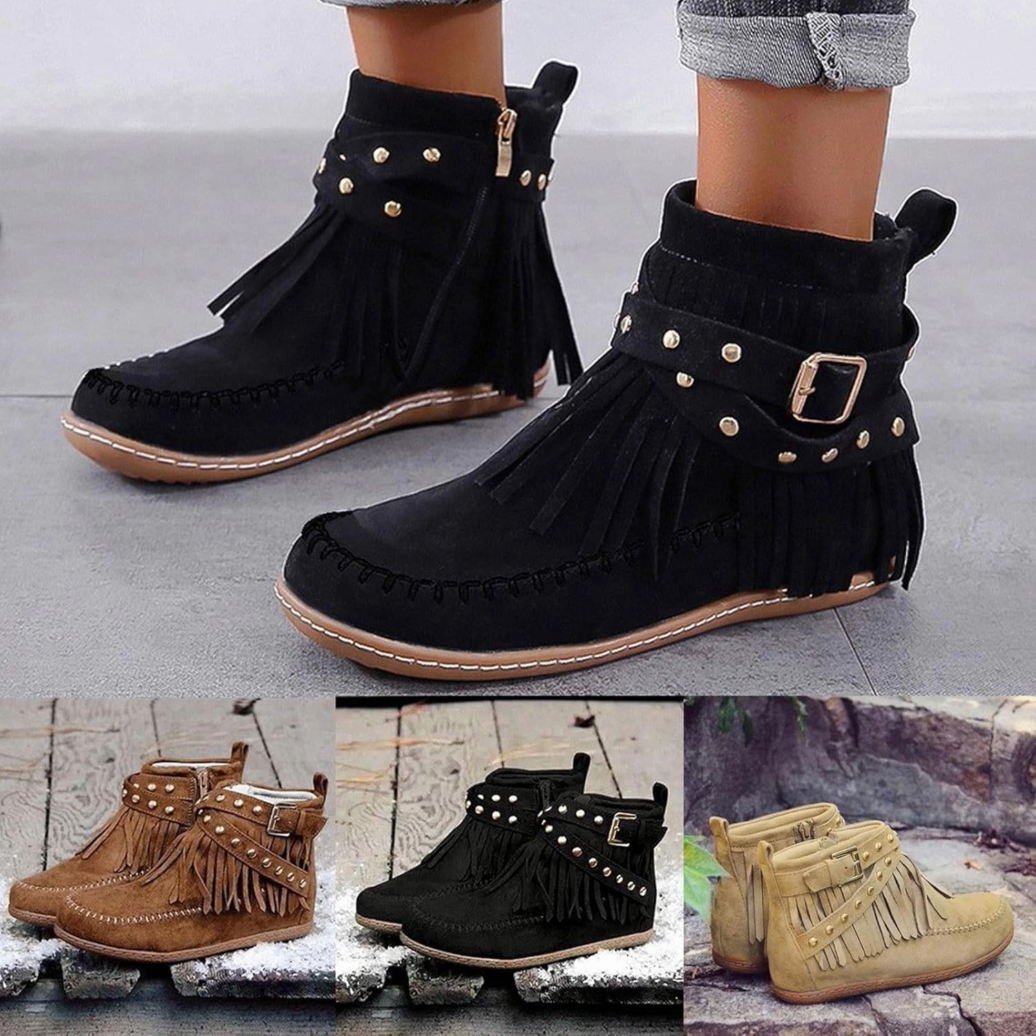 Ankle Boots for Women Low Heel Boots for Women Casual Retro Western Round Toe Short Shoes Tassel Flat Women's Boots Hooey Boots