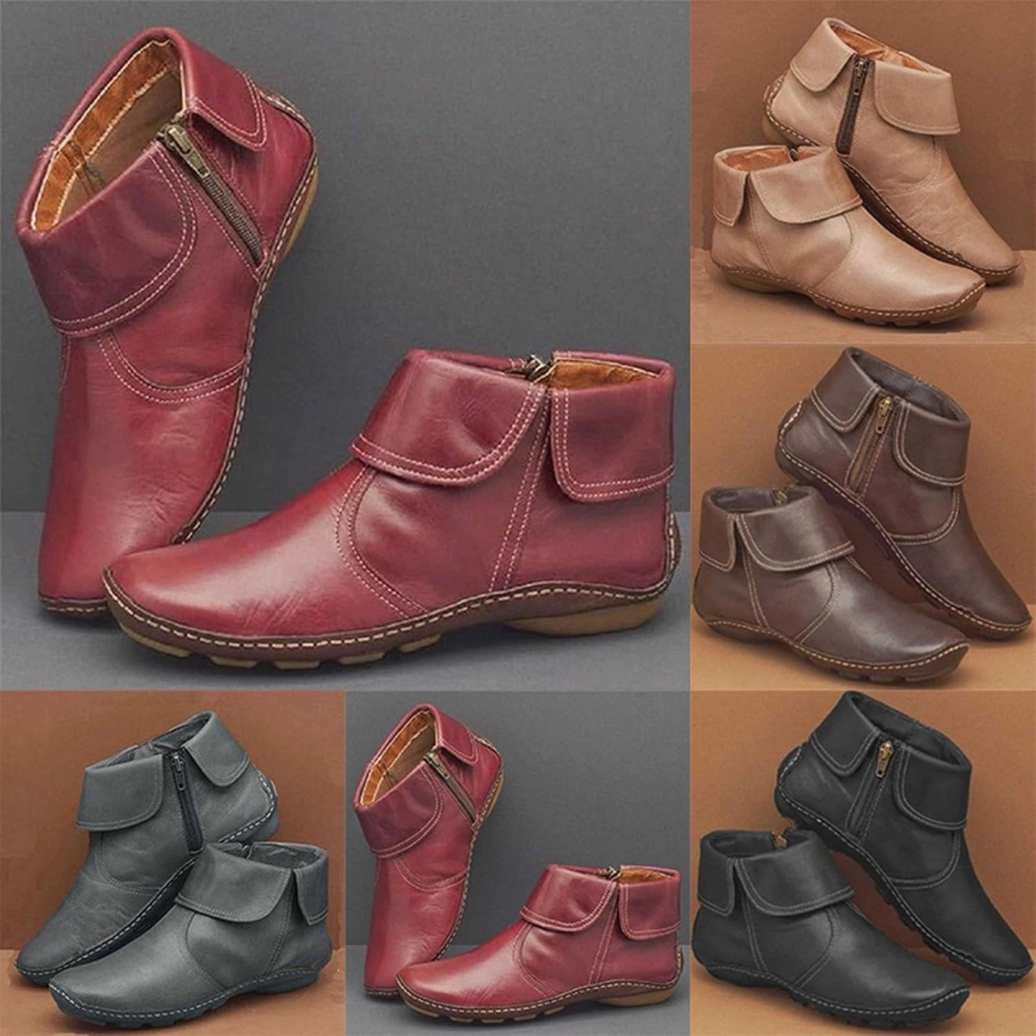 Ankle Boots for Women No Heel New Arch Support Boots Side Zipper Vintage Leather Damping Shoes Flat Heel Booties Steel Toe Military Boots