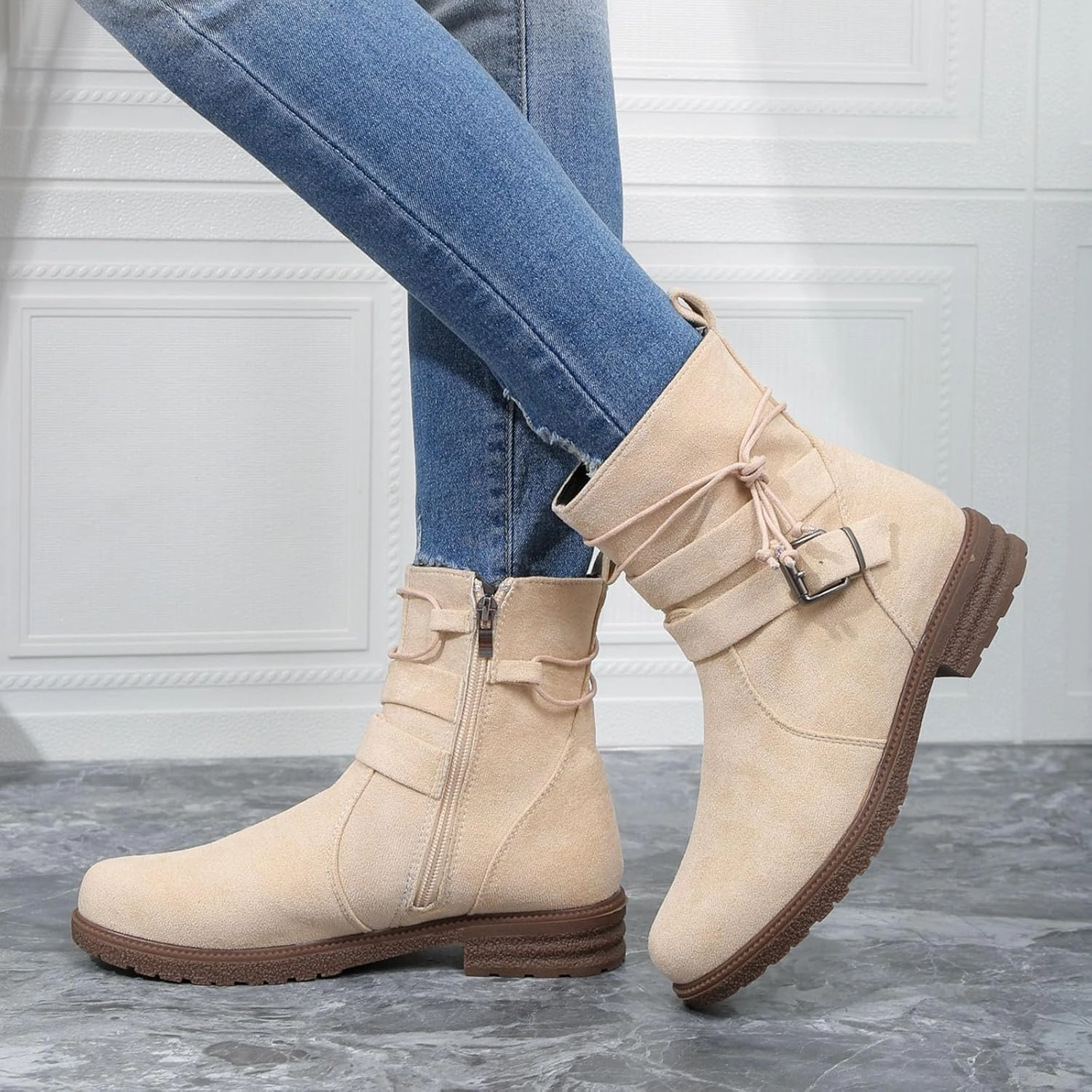 Ankle Boots for Women Winter Boots for Women Round Toe Thick Sole Belt Buckle Zipper Classic Suede Mid Calf Boots Rain Boots Spiderman
