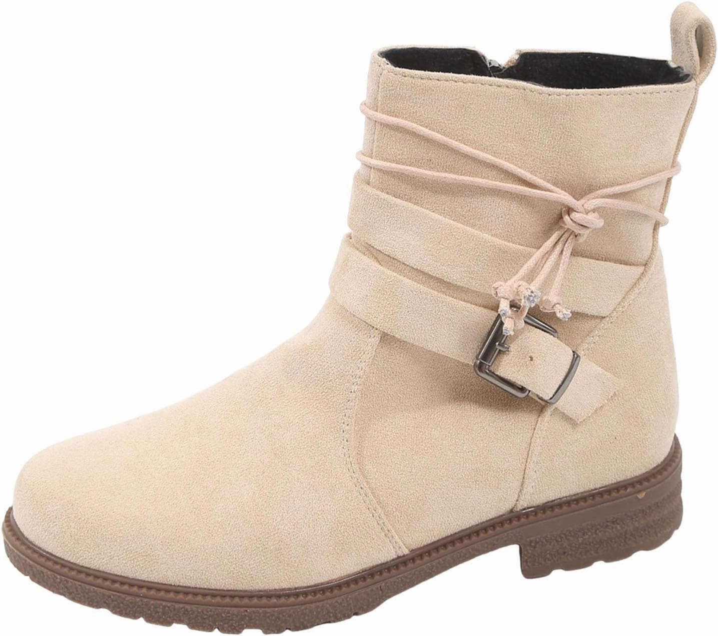 Ankle Boots for Women Winter Boots for Women Round Toe Thick Sole Belt Buckle Zipper Classic Suede Mid Calf Boots Black Low Heel Boots