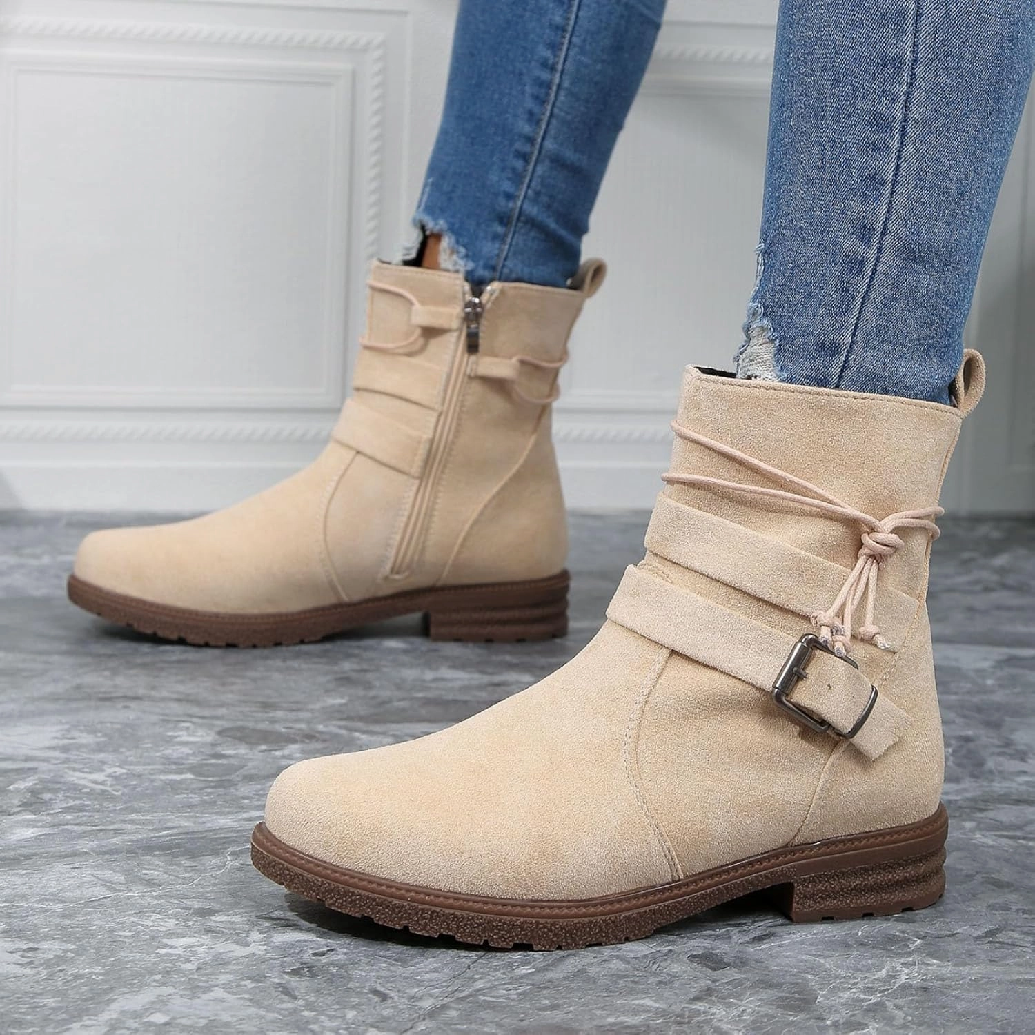 Ankle Boots for Women Winter Boots for Women Round Toe Thick Sole Belt Buckle Zipper Classic Suede Mid Calf Boots Mule Boots