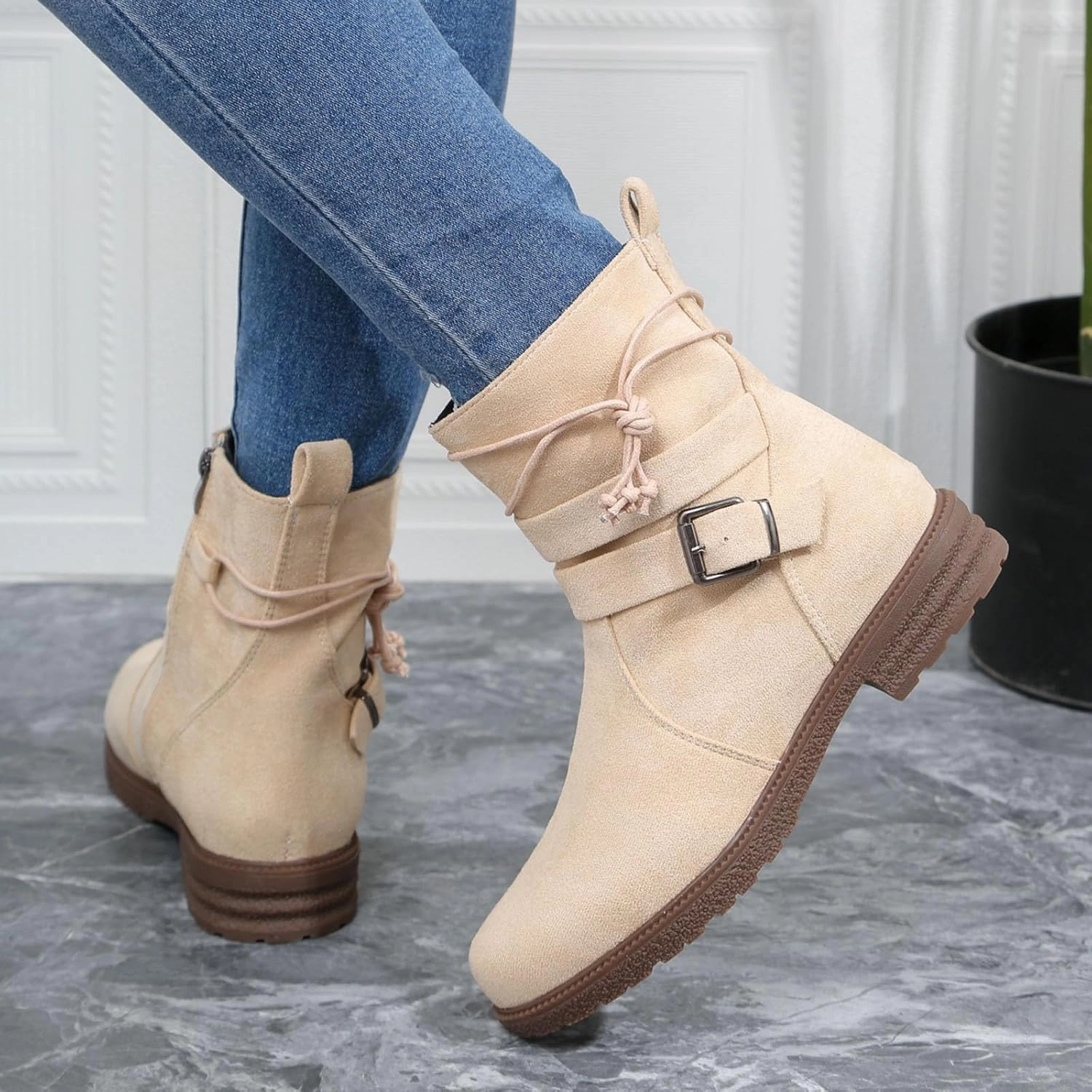 Ankle Boots for Women Winter Boots for Women Round Toe Thick Sole Belt Buckle Zipper Classic Suede Mid Calf Boots Knee Heel Boots