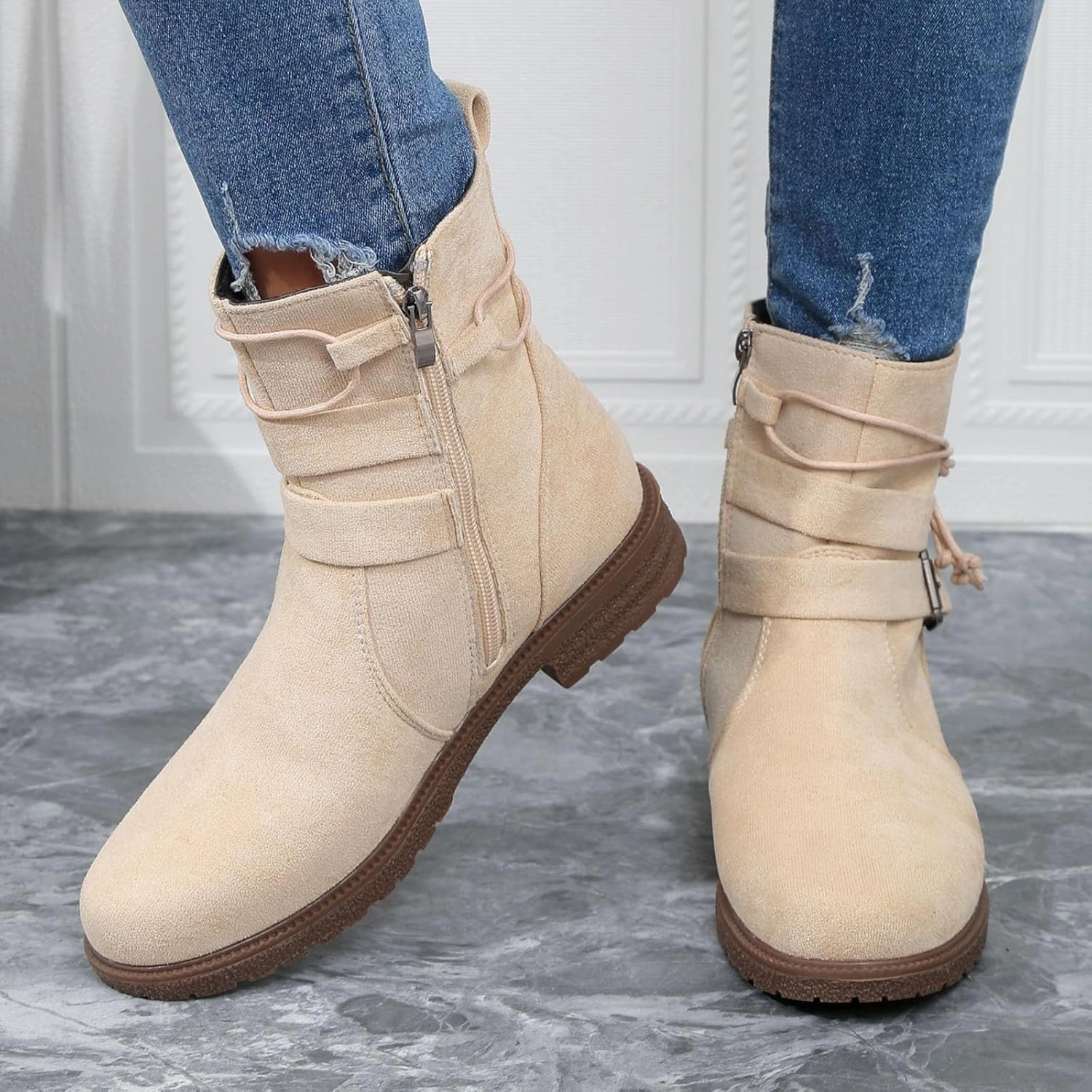 Dr Martens Boots Ankle Boots for Women Winter Boots for Women Round Toe Thick Sole Belt Buckle Zipper Classic Suede Mid Calf Boots