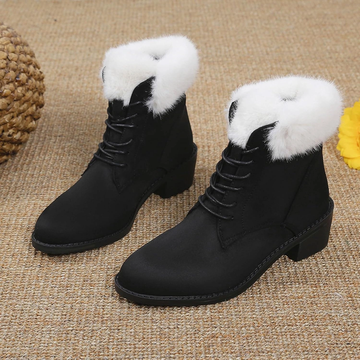 Ankle Boots Snow Boots for Women Frosted Chunky Heel Velvet Medium Heel Solid Color Warm Large Size Cotton Boots Ride Boots
