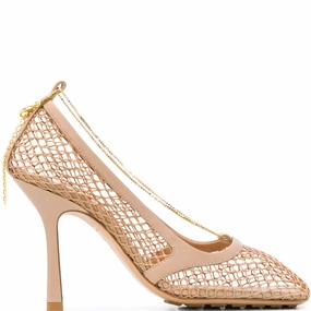Mesh High Heel Shoes Stretch Mesh Square Sandals 90, Beige