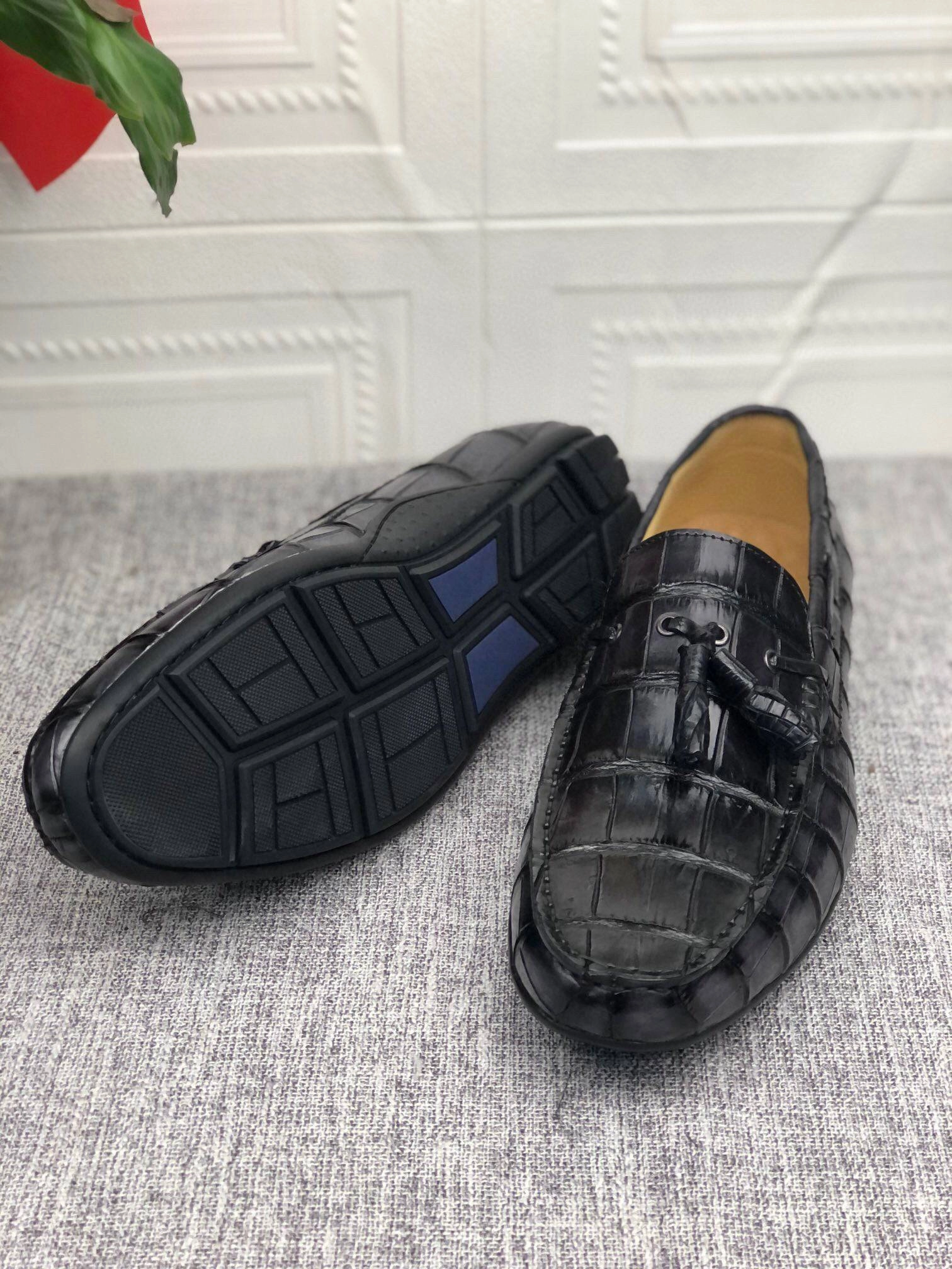Dior Oxford Crocodile  Leather Shoes Mens Slip-On Driving Loafer Shoes With Tassle Vintage Dark Grey