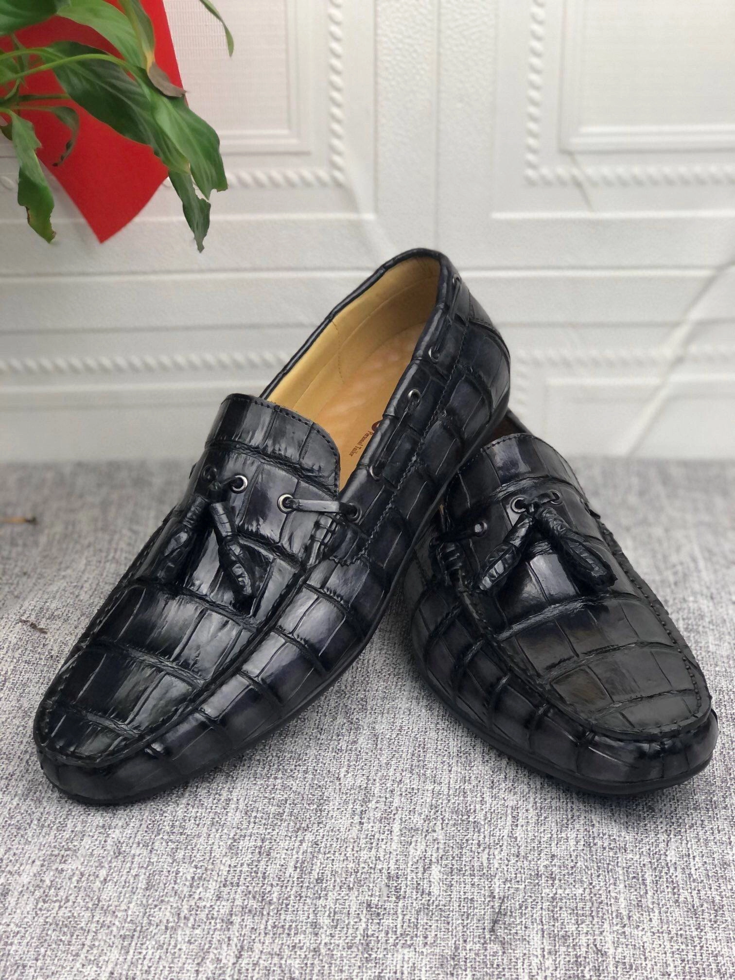 Crocodile  Leather Shoes Mens Slip-On Driving Loafer Shoes With Tassle Vintage Dark Grey Earth Shoes Oxfords