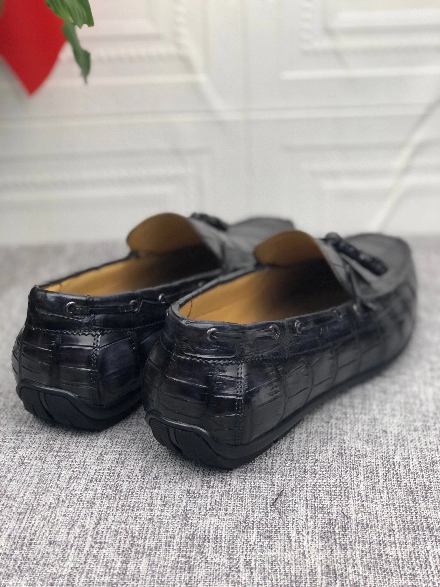 Crocodile  Leather Shoes Mens Slip-On Driving Loafer Shoes With Tassle Vintage Dark Grey Updated Oxfords