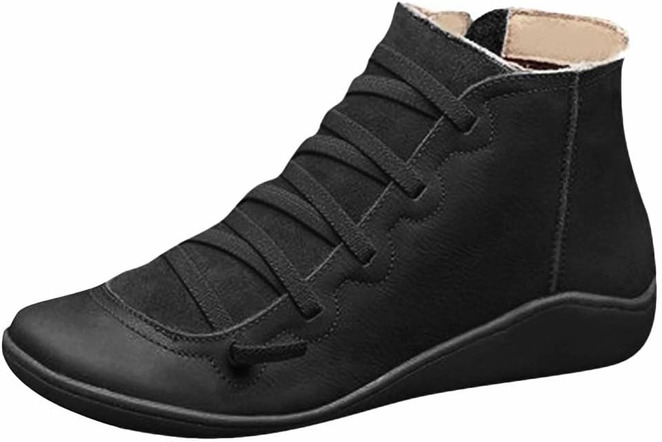 Gibobby Boots for Women Dressy Winter Casual Leather Side Zipper Round Toe Cowboy Booties Fall Flat Short Shoes Boots Snap On Boots