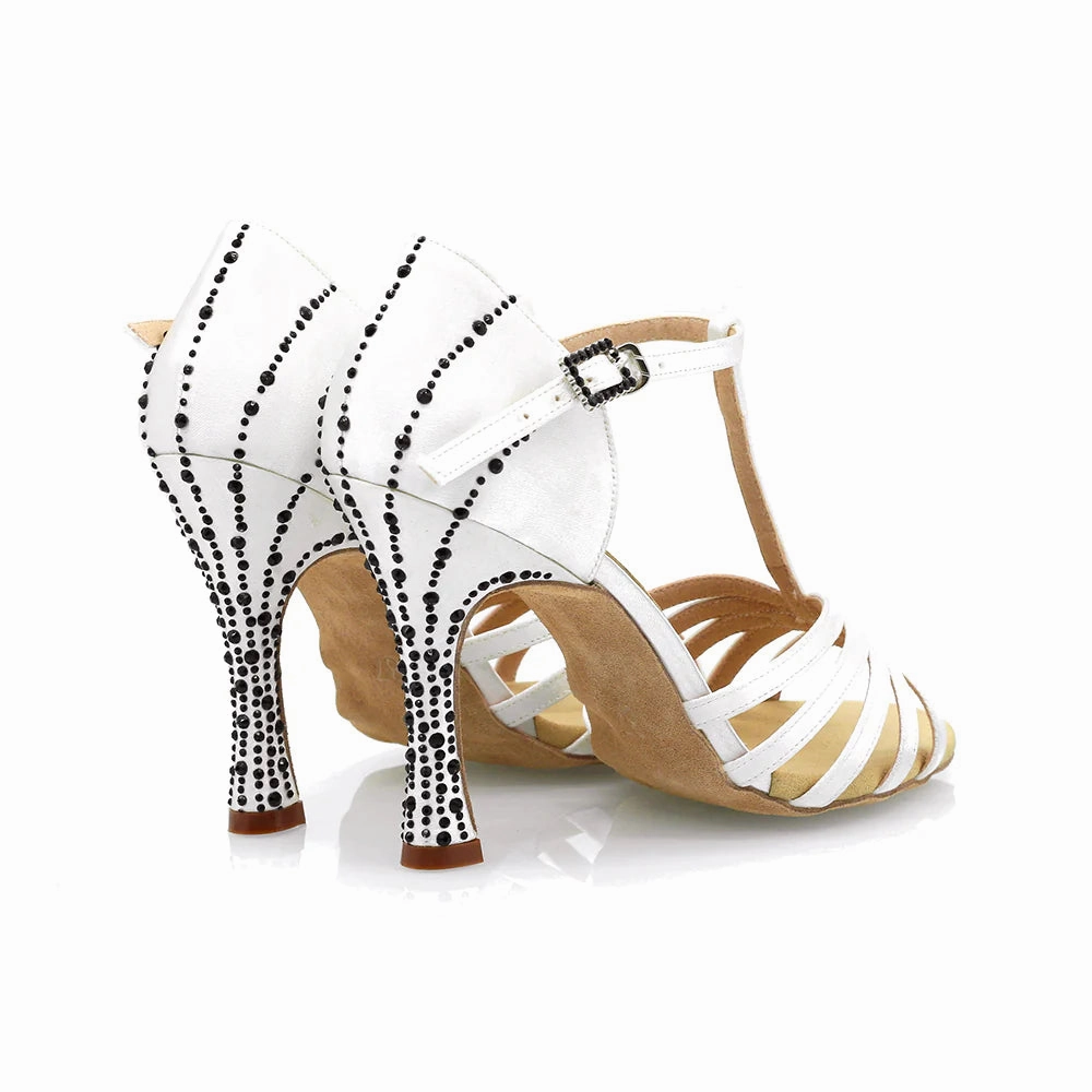 High Heel Bow Shoes Bianca - White Satin & Black Crystal 3.75 Latin Dance Shoes