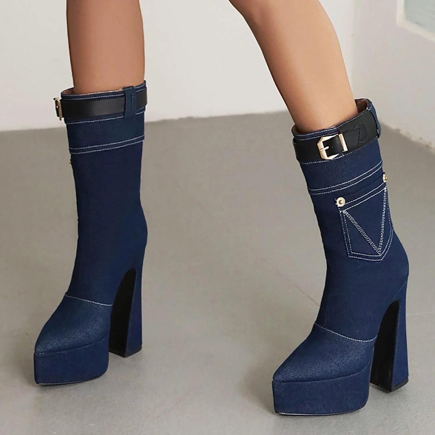 Boots for Women Pointed Toe Buckle Straps High Heel Mid Calf Boots Platform Solid 2024 Trendy Dressy Womens Boots Fancy Cowgirl Boots