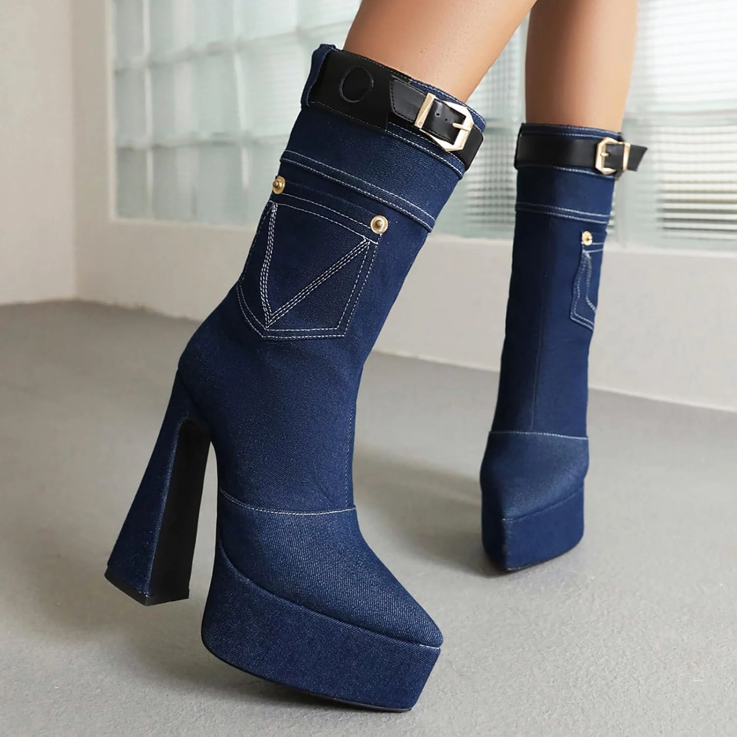 Boots for Women Pointed Toe Buckle Straps High Heel Mid Calf Boots Platform Solid 2024 Trendy Dressy Womens Boots Sand In My Boots Festival Tickets