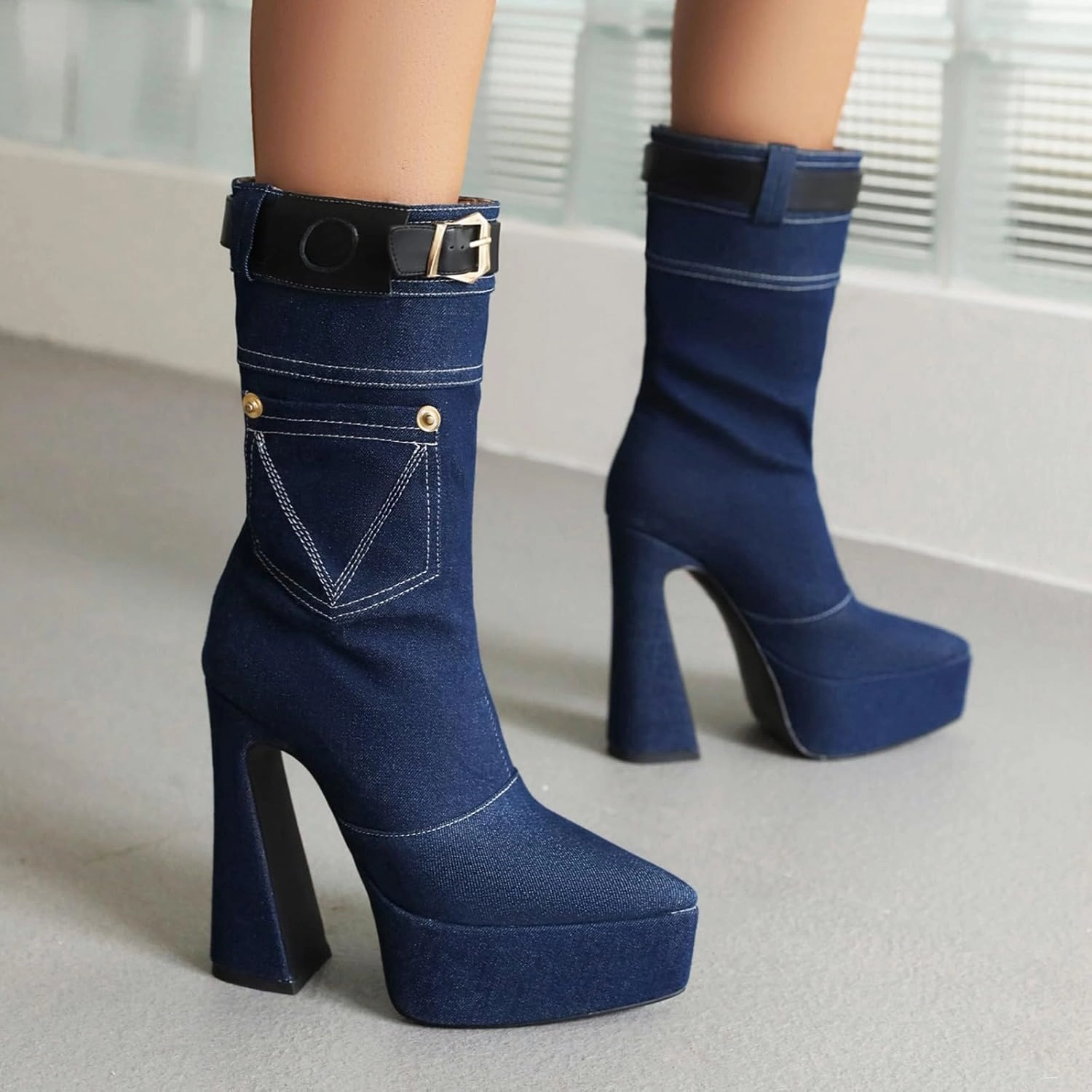 Women's Snow Boots Boots for Women Pointed Toe Buckle Straps High Heel Mid Calf Boots Platform Solid 2024 Trendy Dressy Womens Boots