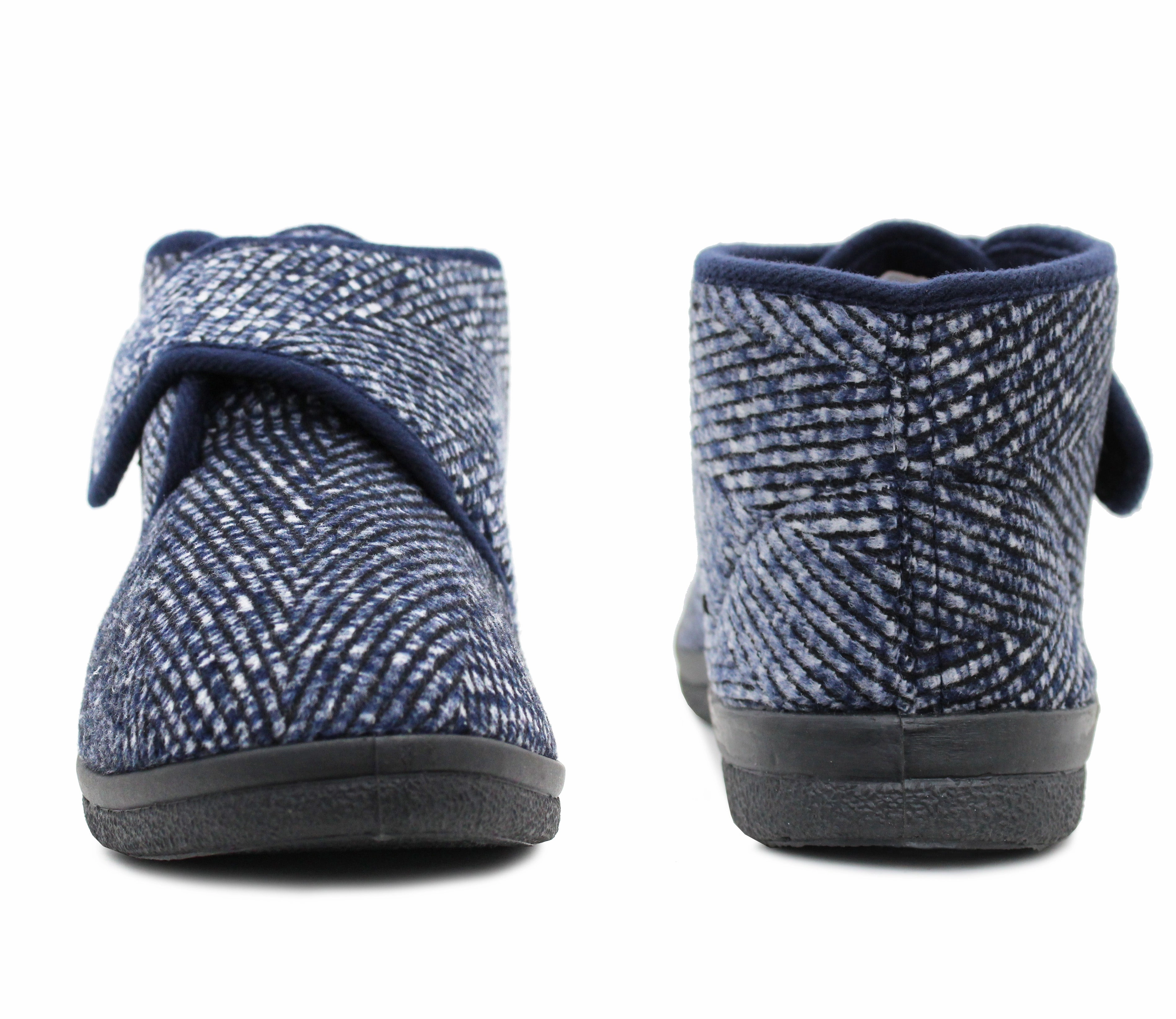 Leather Wool Slippers Mens Navy Ankle Boot Slippers High Top Wide Opening Touch Fasten Slip On House Shoes