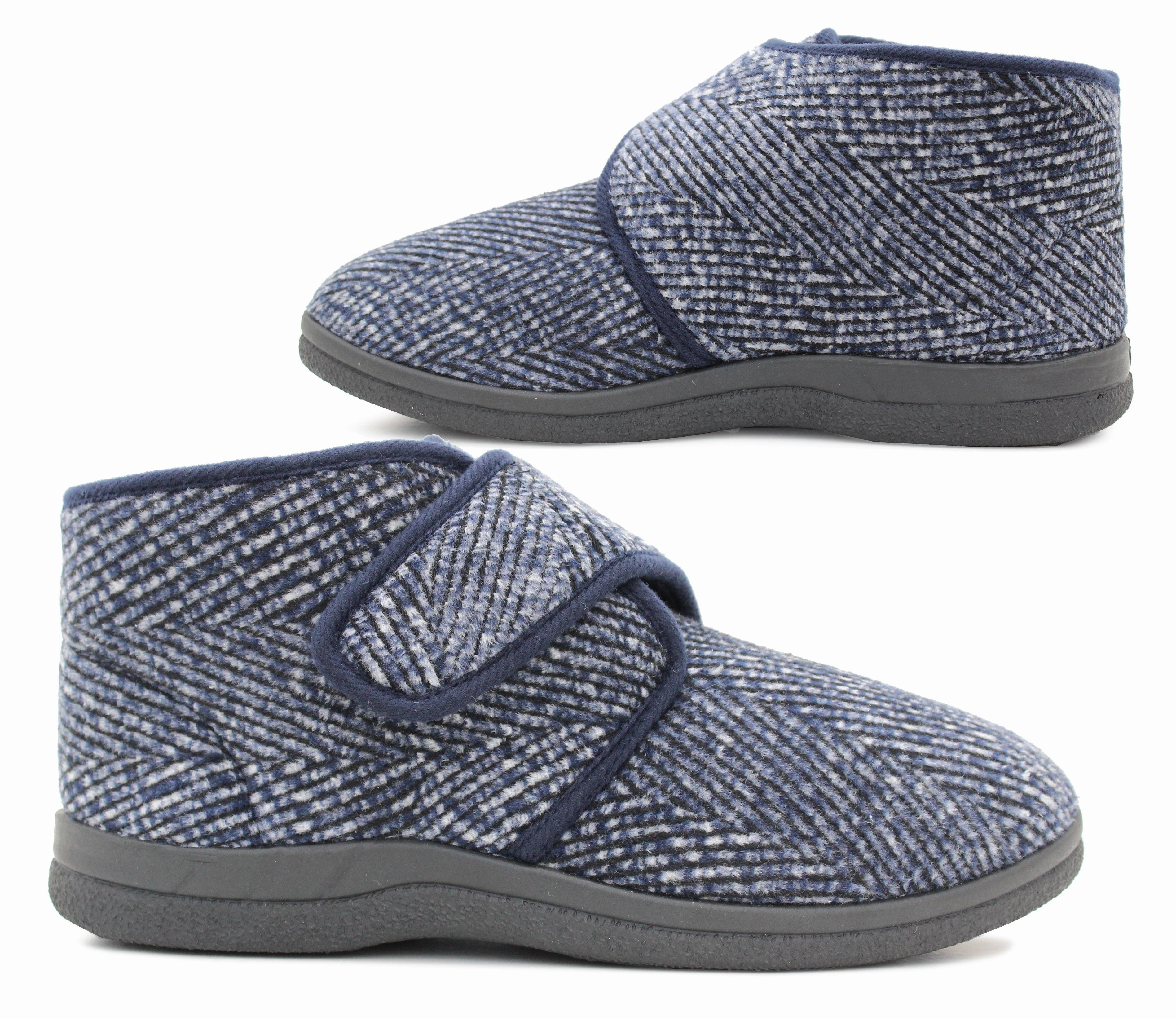 Leather Soles For Slippers Mens Navy Ankle Boot Slippers High Top Wide Opening Touch Fasten Slip On House Shoes