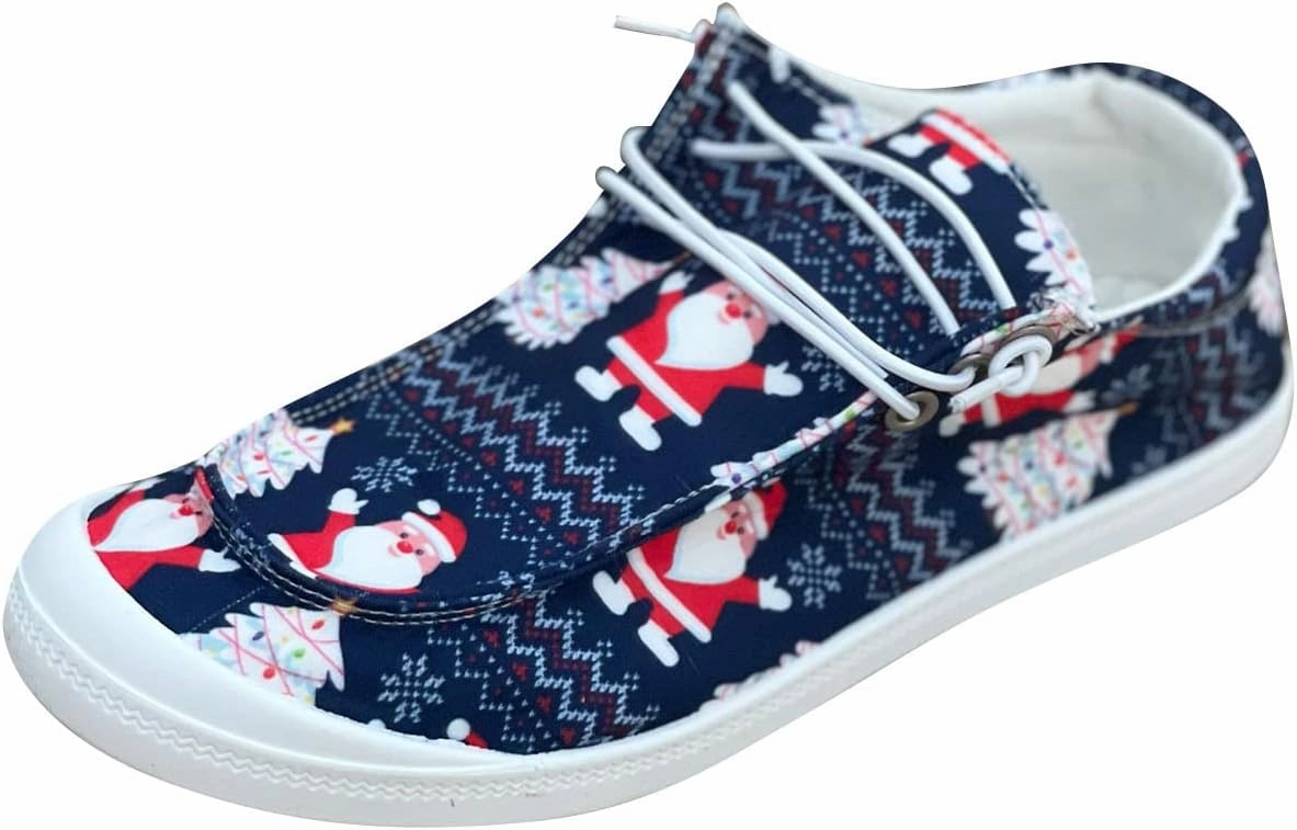 Christmas Shoes for Women Canvas Lace Up Flats Shoes Women Dressy Comfortable Sneaker Slip On Loafers Women Shoes Best Lifting Sneakers