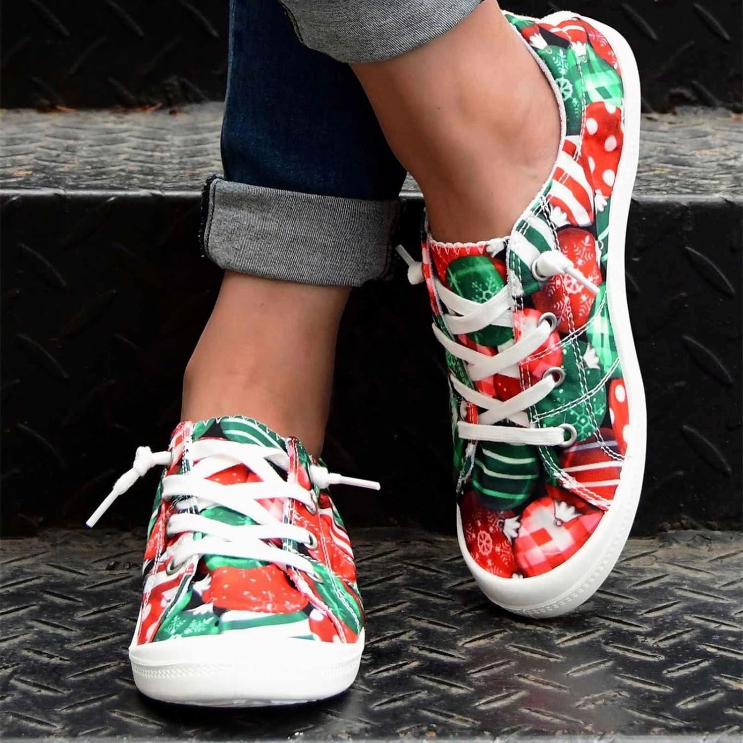 Christmas Shoes for Women Canvas Lace Up Flats Shoes Women Dressy Comfortable Sneaker Slip On Loafers Women Shoes Jennifer Lopez Sneakers