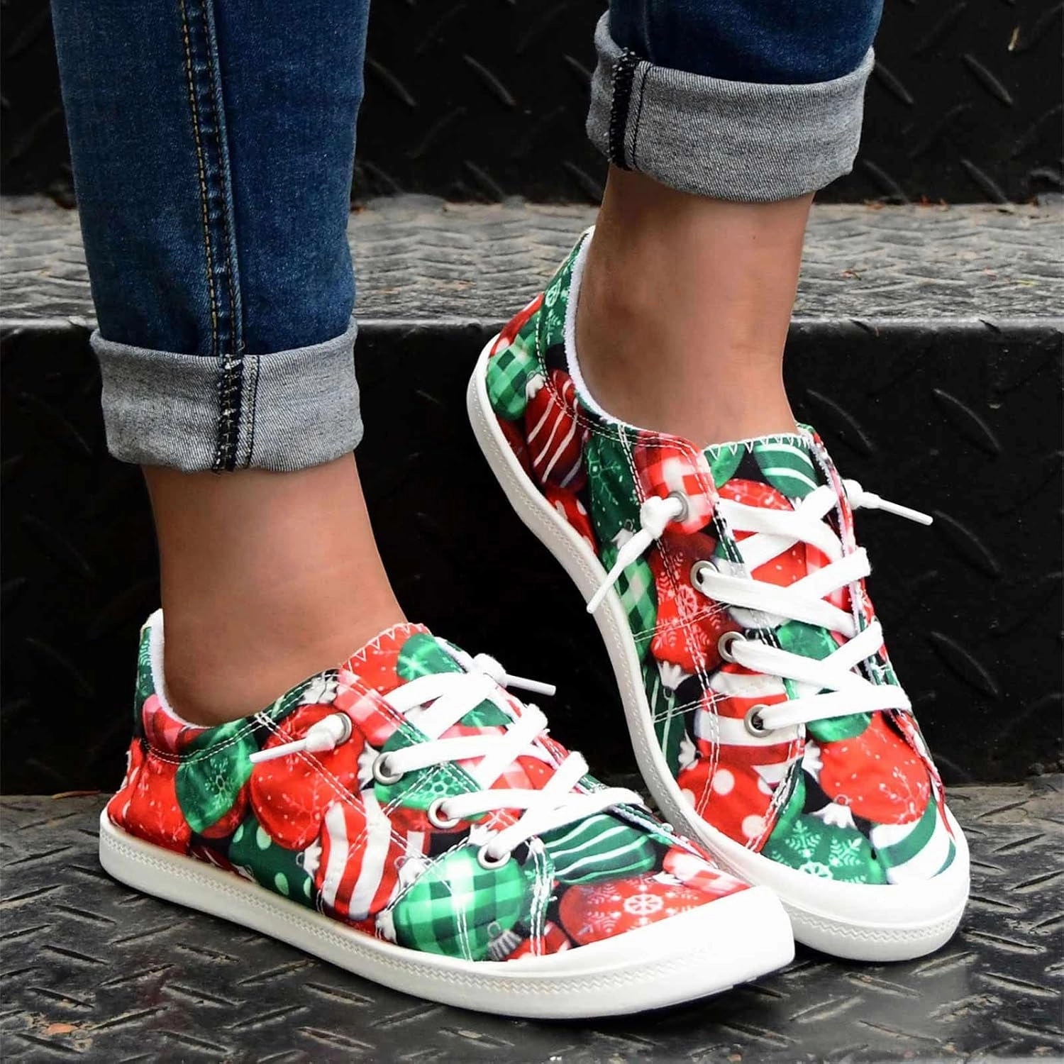 Christmas Shoes for Women Canvas Lace Up Flats Shoes Women Dressy Comfortable Sneaker Slip On Loafers Women Shoes Frankie Sneakers