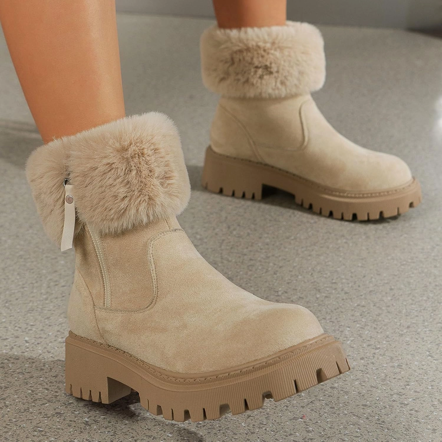 Mid Calf Boots for Women Ankle Boots for Women Flip Fur Round Toe Large Size Snow Boots Suede Low Heel Short Boots Hiking