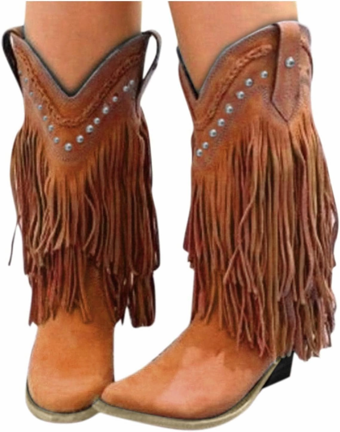 Slip On Ankle Boots Cowboy Boots For Women,Women's Knee-High Western Boots,Vintage Fringe Tassel Wide Calf Riding Cowgirl Boot Square Toe Mid Heels Cowgirls Knee High Booties