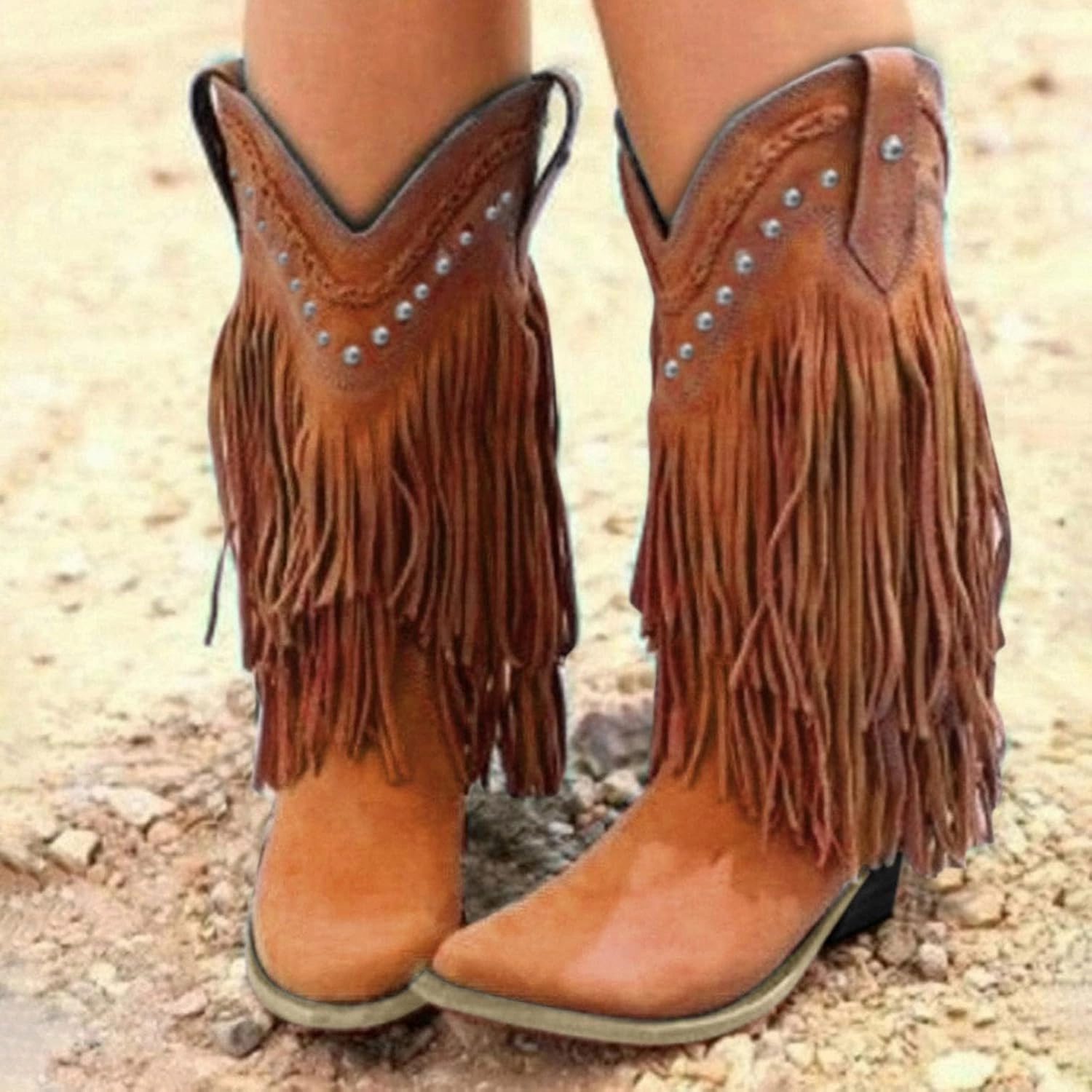 Cowboy Boots For Women,Women's Knee-High Western Boots,Vintage Fringe Tassel Wide Calf Riding Cowgirl Boot Square Toe Mid Heels Cowgirls Knee High Booties Gray Chelsea Boots