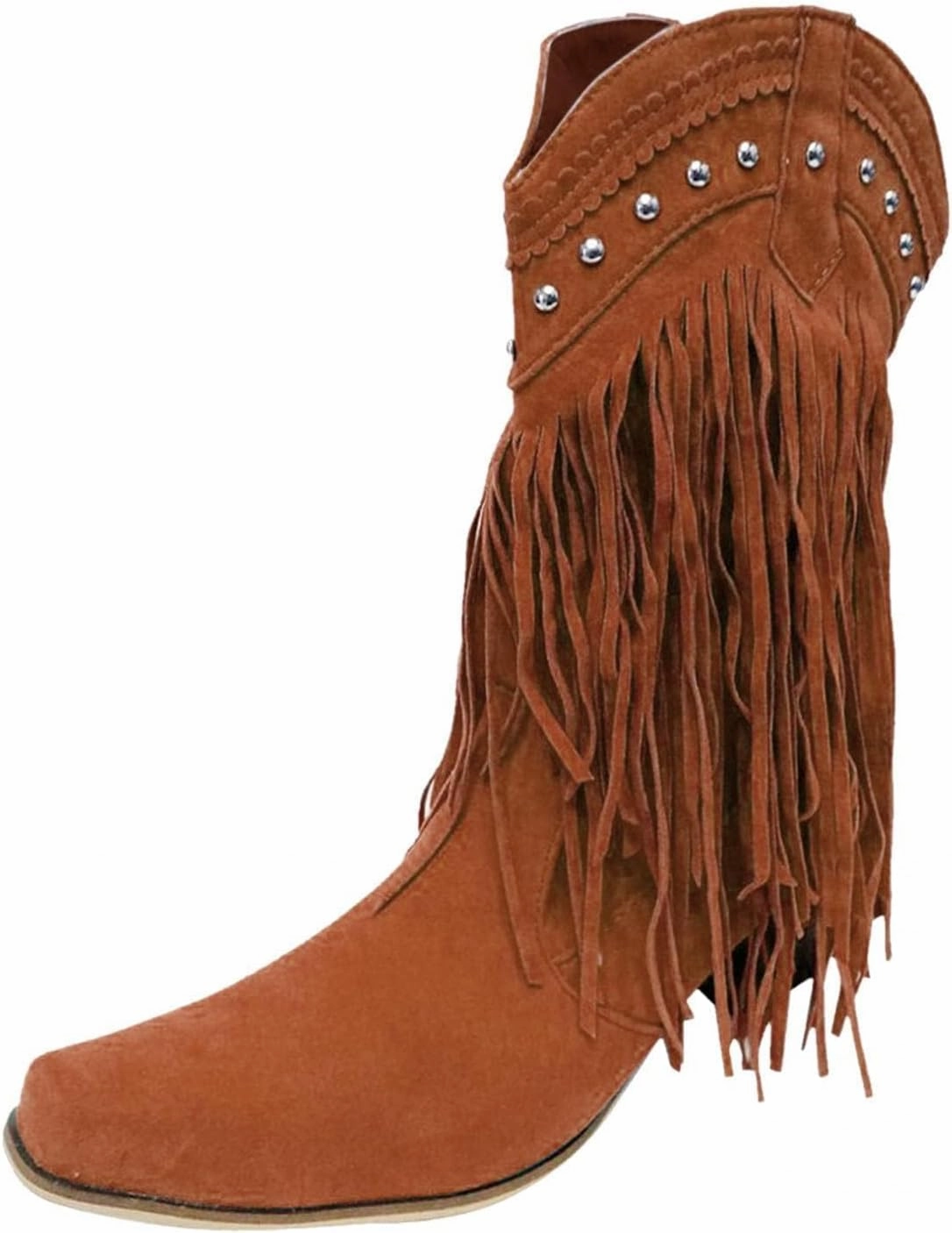 SnowProof Boots Cowboy Boots For Women,Women's Knee-High Western Boots,Vintage Fringe Tassel Wide Calf Riding Cowgirl Boot Square Toe Mid Heels Cowgirls Knee High Booties