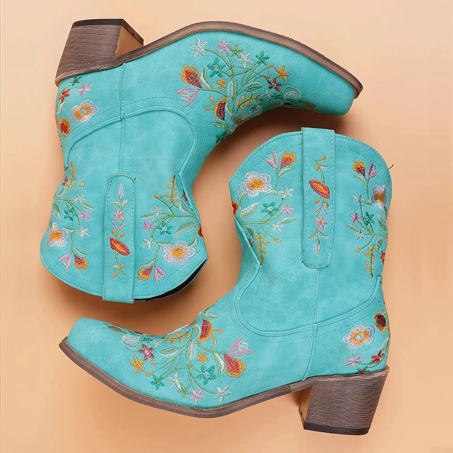 Ankle Boots Ankle Boots Cowboy Boots for Women Cowgirl Booties for Women Retro Western Mid Calf Chunky Heel Pointed Toe Embroidered Pull on